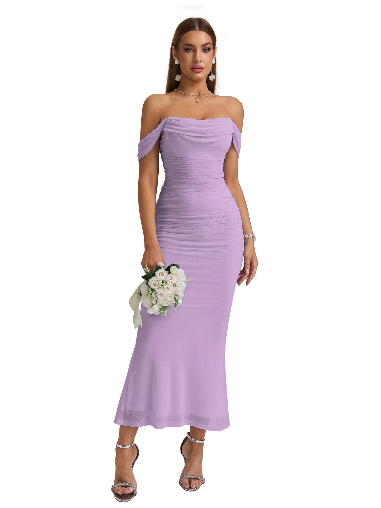 KUTUMAI Off The Shoulder Maxi Long Dress Corset Ruched Bodycon Formal Wedding Guest Dresses for Women