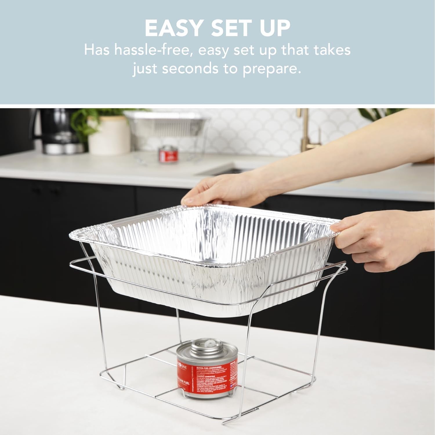 Alpha Living Juego de platos desechables para bufé, calentadores de alimentos para fiestas, juego completo de latas de combustible, sartenes de tamaño medio, bandejas de calentamiento (paquete de 3)