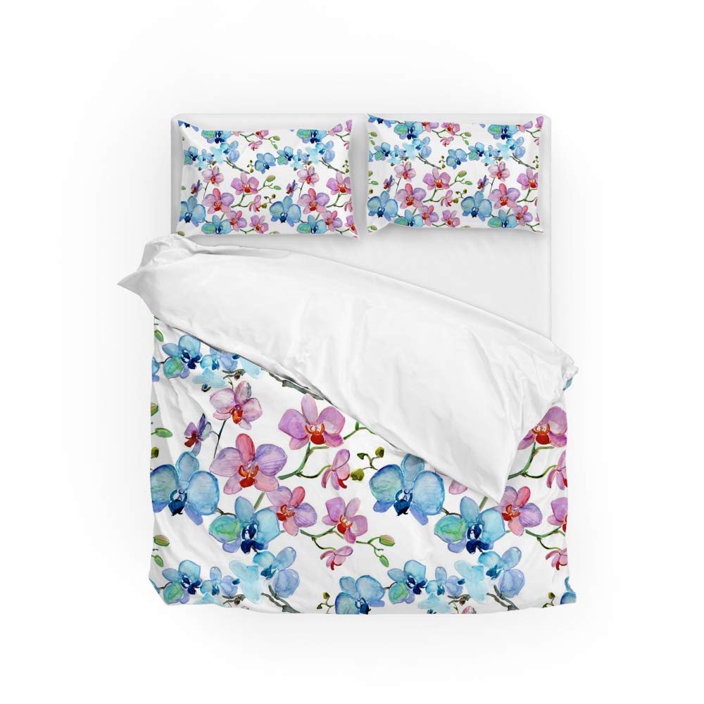Parure de lit durable et douce King size au design fleuri rose et bleu
