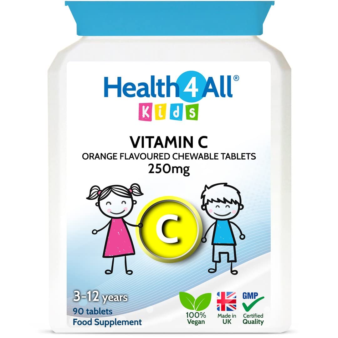 Health4All Kids Vitamin C 250mg, 90 Chewable Tablets 3 Months Supply for Children 3+ Immune System Support, Natural Vegan Orange Flavour | Made in UK (Not Gummies)Health4All Kids Vitamin C 250mg, 90 Chewable Tabl…