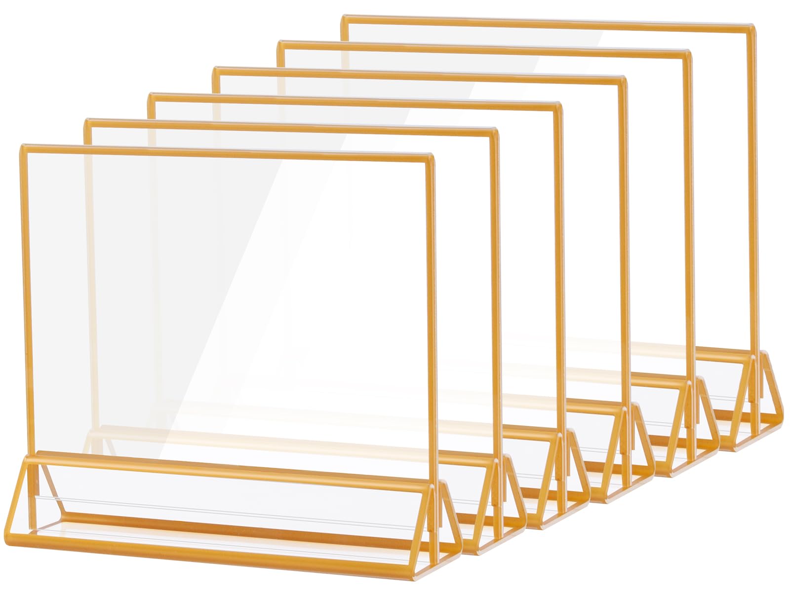 7 x 5 Horizontal Acrylic Sign Holder with Gold Borders, Clear Double Sided Table Menu Stands Picture Frames for Wedding Table Numbers, Restaurant Signs, Photos and Art Display - 6 Pack