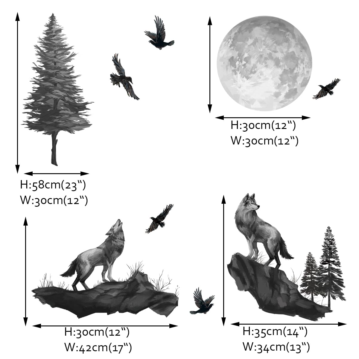 Runtoo Wolf Moon Wall Decals Black Mountain Forest Animals Birds Wall Art Stickers for Nursery Bedroom Living Room Decor - Image 4