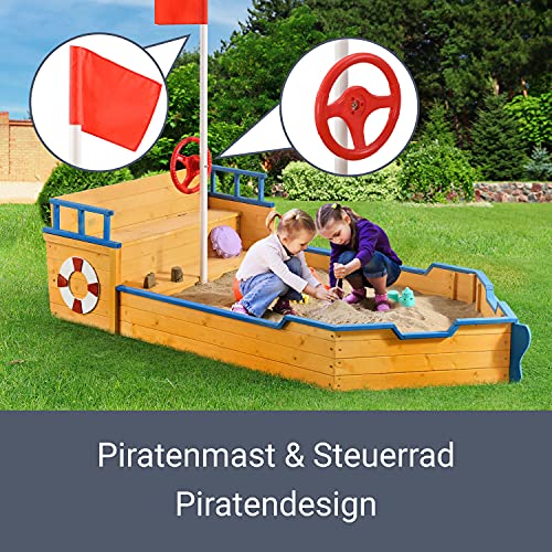 Juskys Sandkasten Käpt'n Pit - Piratenschiff Boot aus Holz - große Kinder Sandkiste für Garten mit Bodenplane, Dach & Sitzbank - Outdoor Sandbox – Bild 5