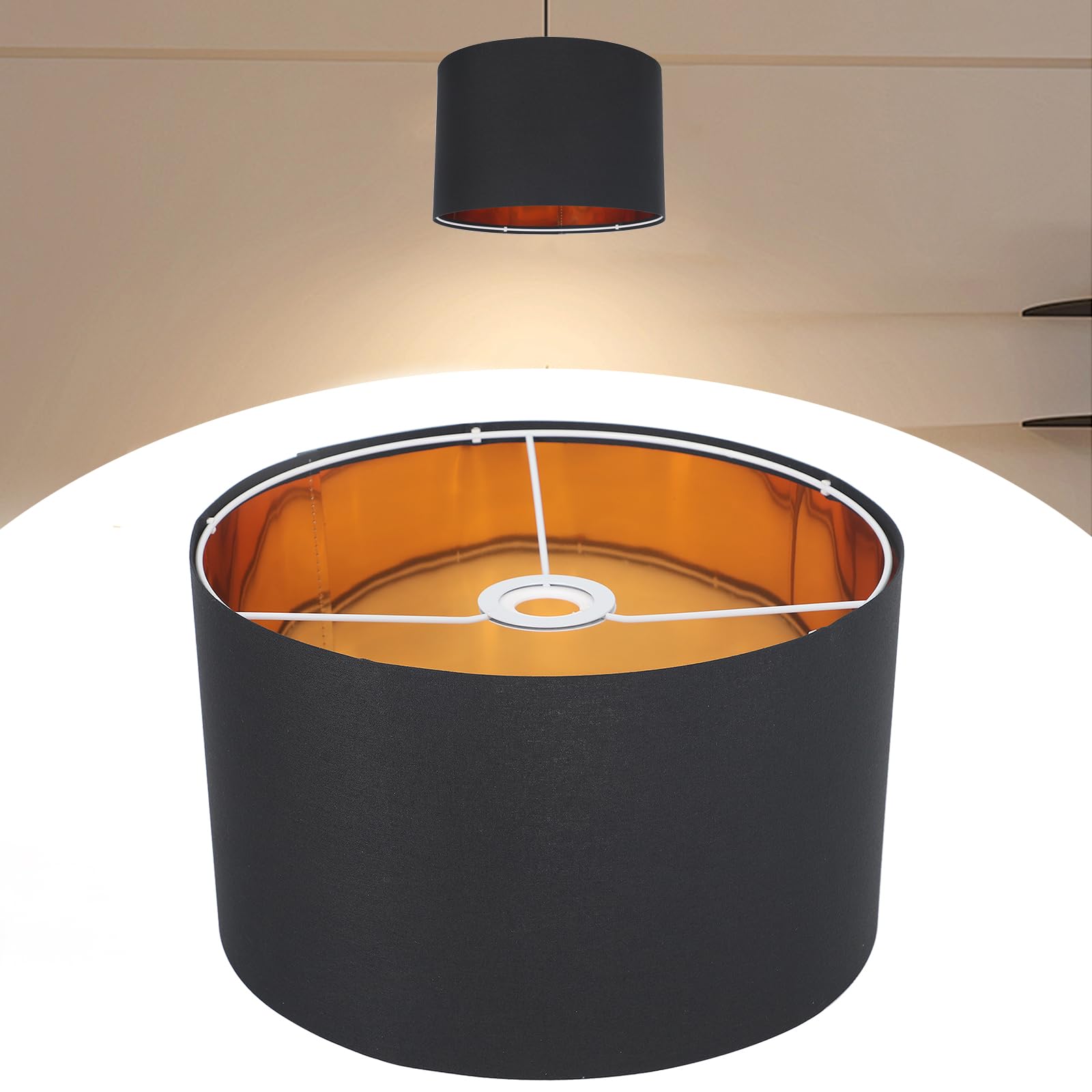 Klosz lampy okrągły, materiał na lampę stołową, lampy wiszące, lampy stojące, do oprawy E14, E27, lniany abażur do salonu i sypialni (czarny + złoty)