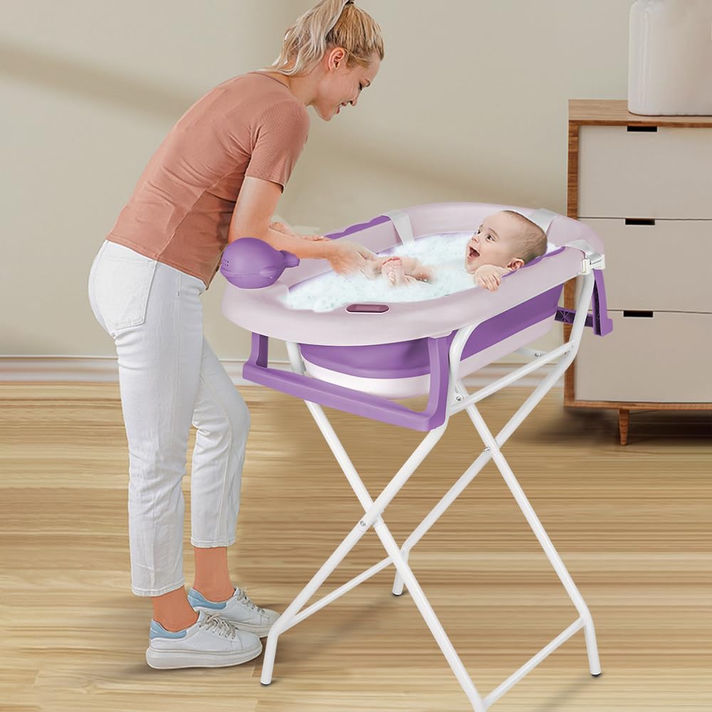Bañera Bebé, con cojín, bañera plegable para bebés con termómetro digital, para bebés de 0 a 24 meses (morado - con soporte)