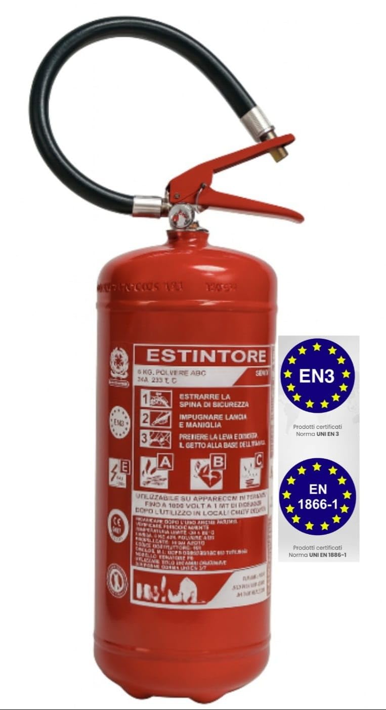 Estintore a polvere KG 6, di nuova costruzione, fornito di staffa + cartello estintore + tagliando di controllo.
