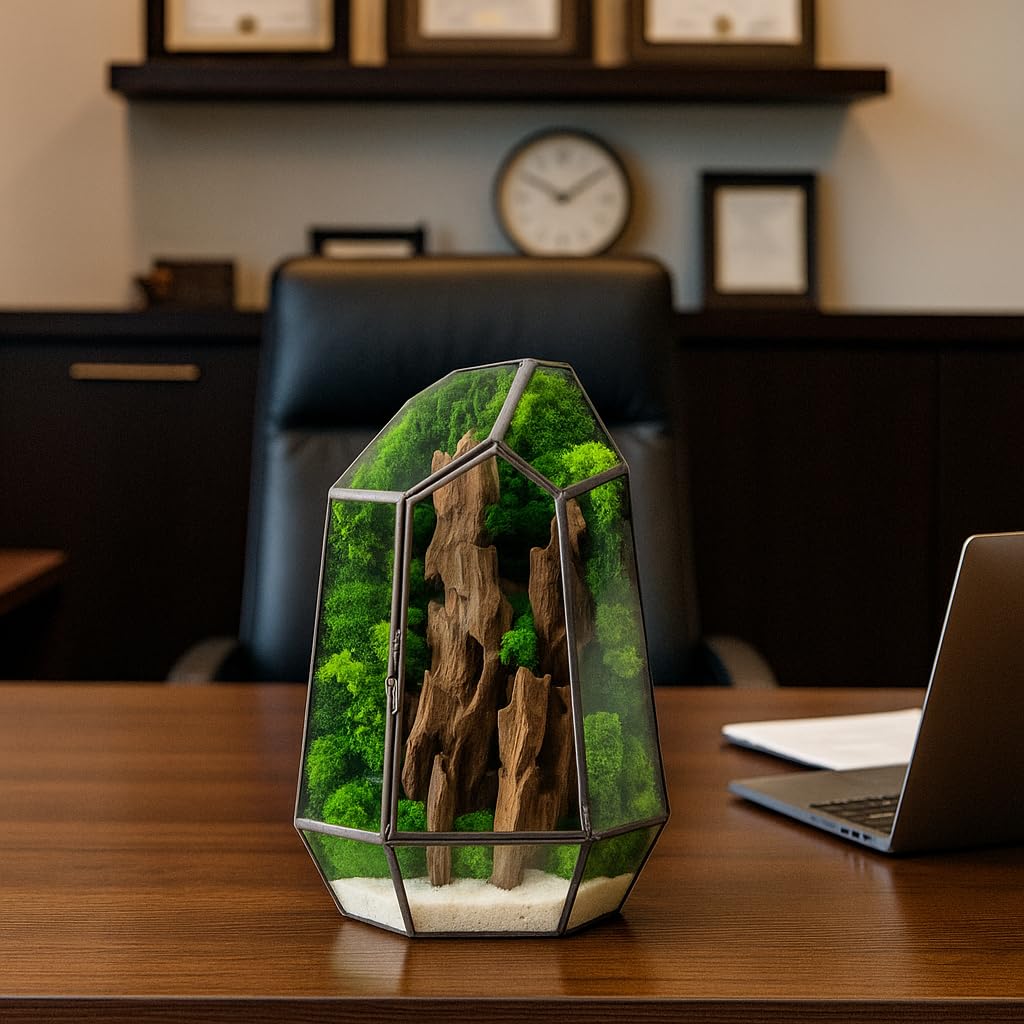 Terrario Stabilizzato Fløya in Vetro completo, Design Nordico con Legno, Muschi e Licheni Stabilizzati Arredo Naturale Elegante Senza Manutenzione per Casa, Ufficio e Idee Regalo Green