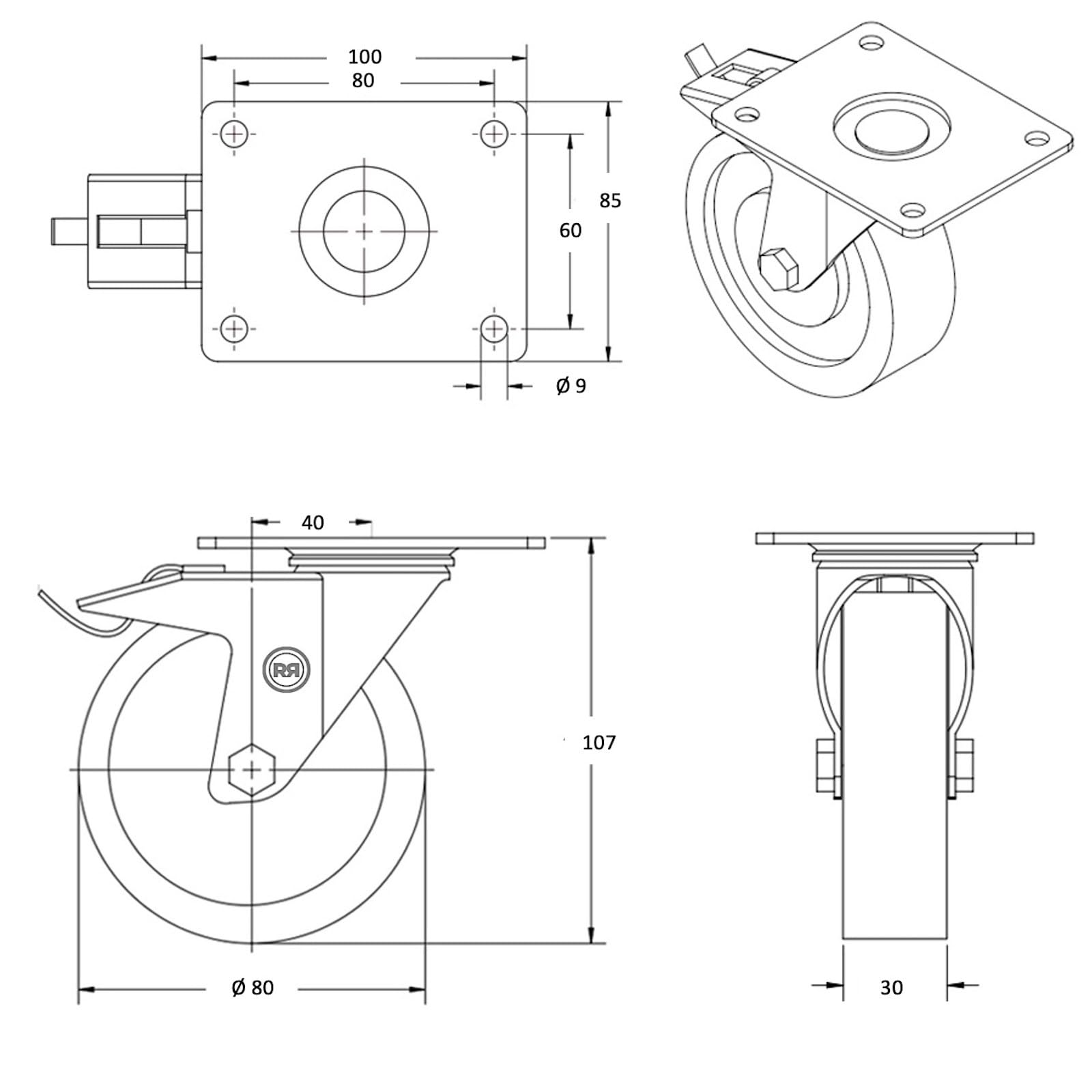 Roulette INOX pivotante à frein diamètre 80 mm roue polyuréthane rouge roulement à billes - 130 Kg