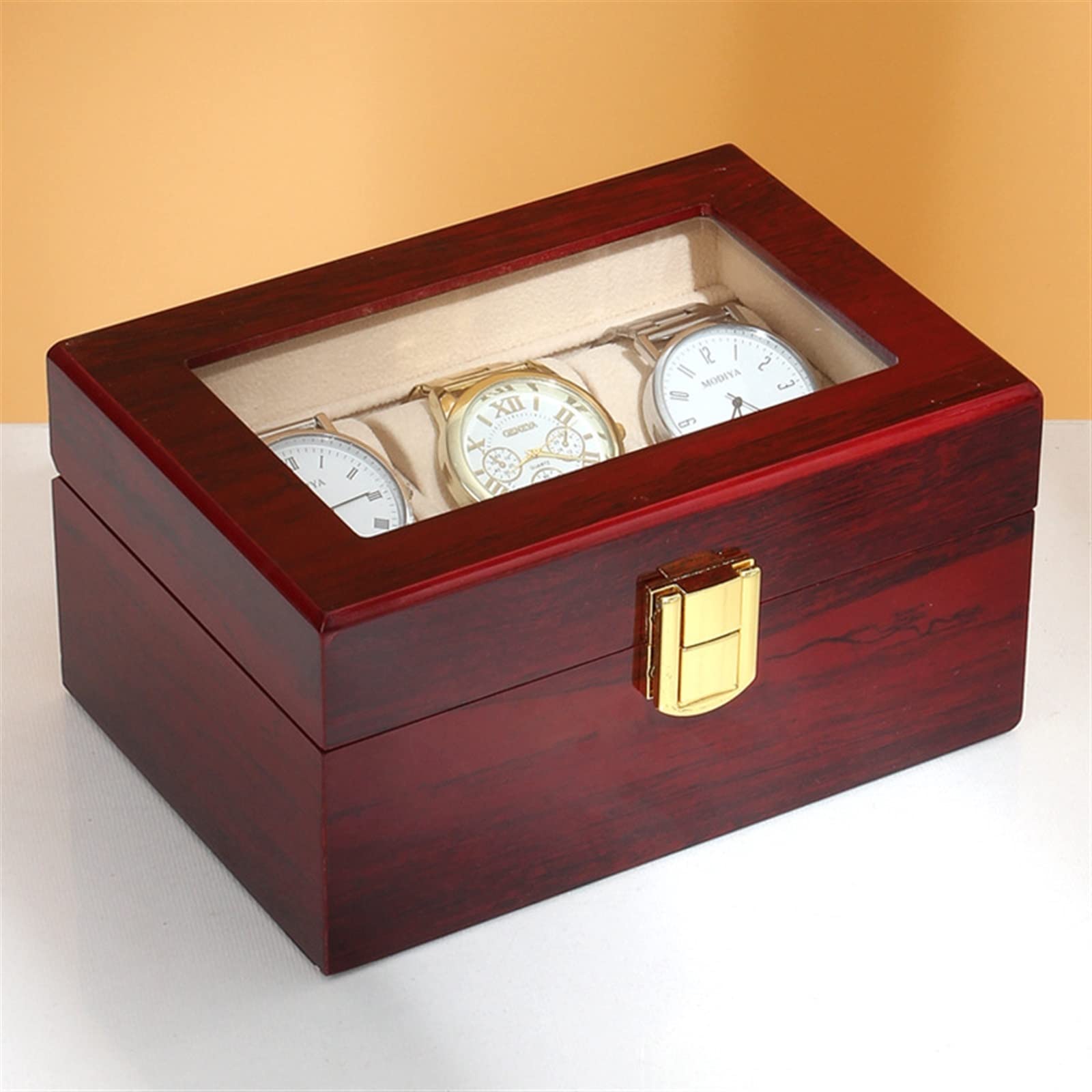 3 Slot Scatola di Legno Scatola Porta Orologi organizzatore for Uomo Laccato Orologio da Uomo Macchina Regalo Quarzo Rosso Scatola di immagazzinaggio Regalo di Compleanno