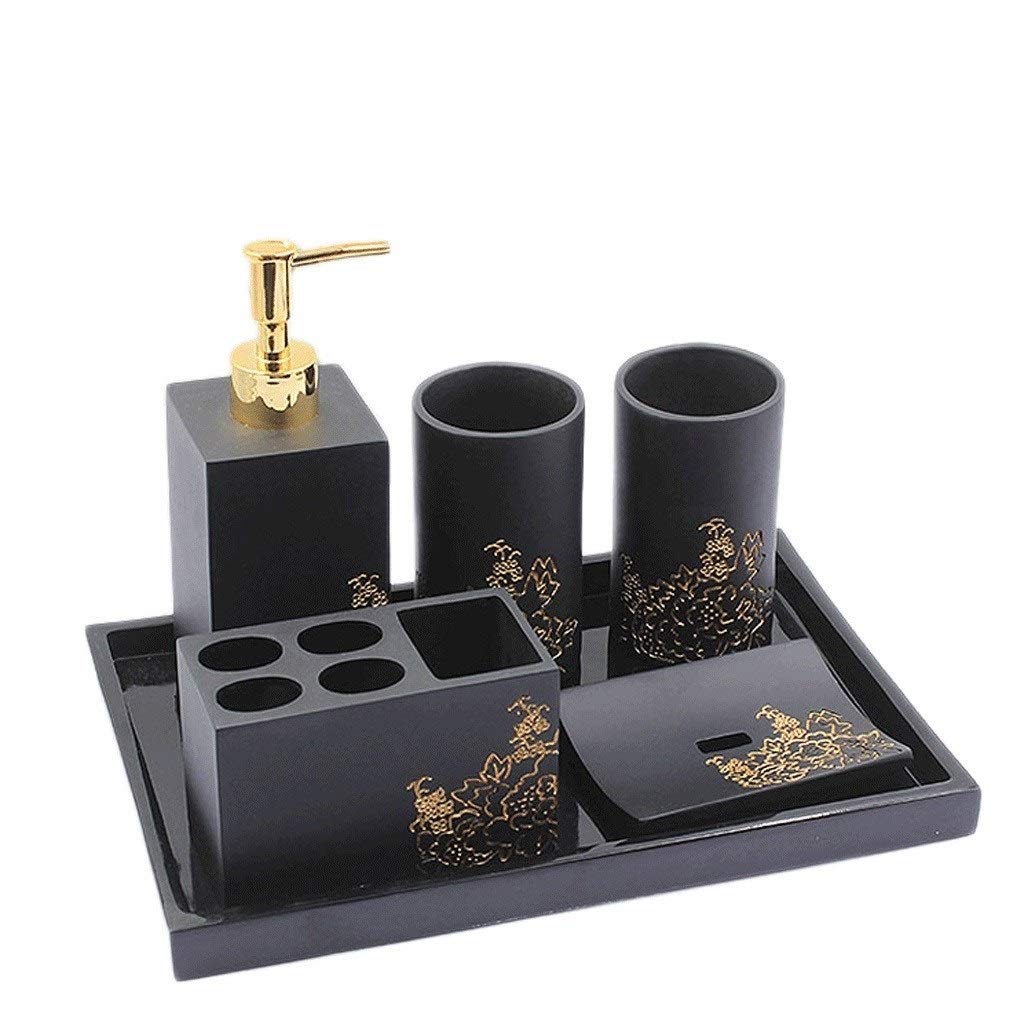 MYBA Juego de accesorios de baño de resina de 5 piezas, dispensador de jabón, soporte para cepillo de dientes, vaso/jabonera, set de accesorios de baño (color: negro, tamaño: 6 piezas) A)