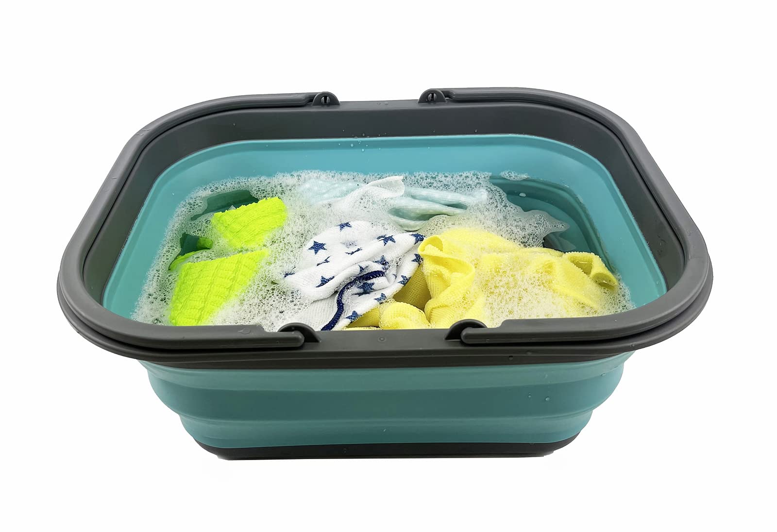 SAMMART Cesta plegable de 15 litros con asa, cesta portátil para picnic al aire libre, bolsa de compras plegable, contenedor de almacenamiento para ahorrar espacio (gris/azul cristal)