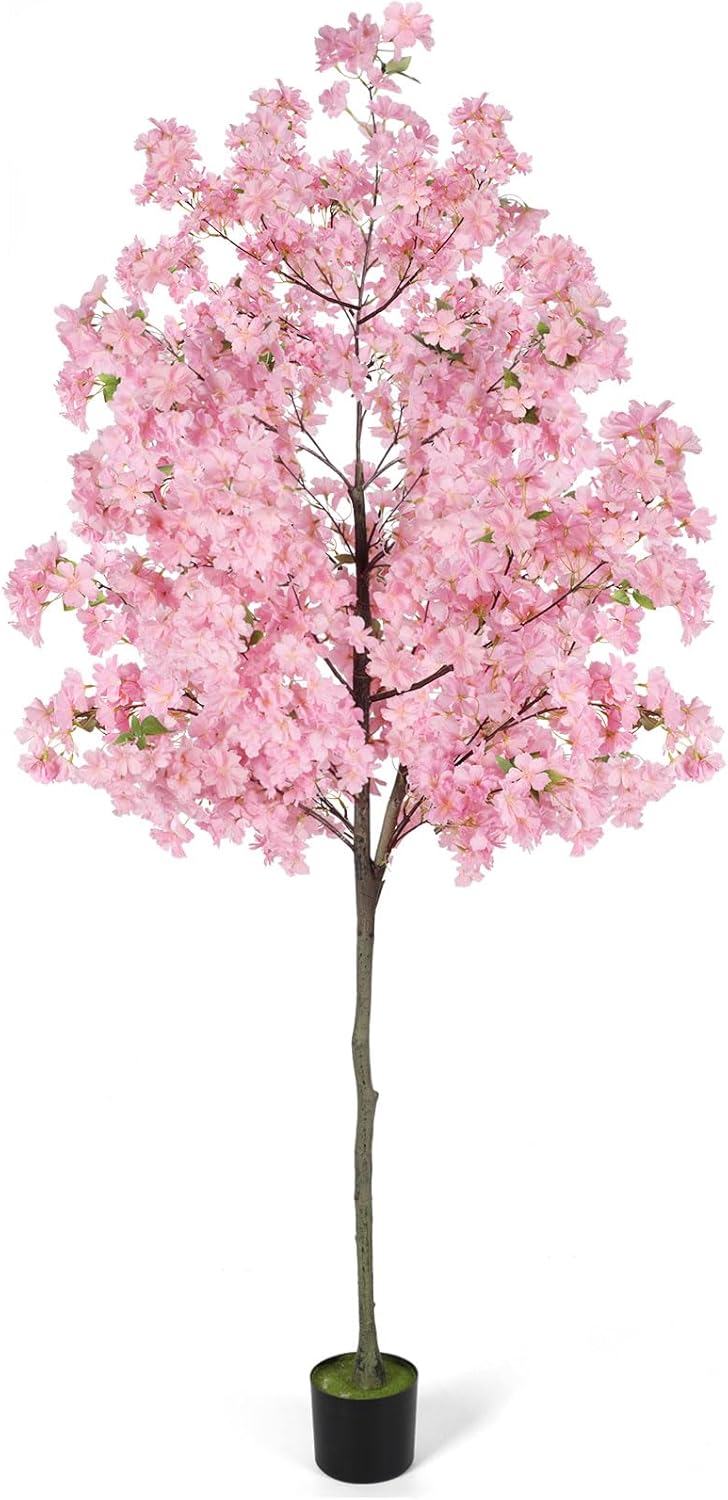 Cherry Blossom Artificial Tree, Fake Tree Faux Silk Plant with Plastic Nursery Pot,Artificial Plants for Home Office Indoor Decor