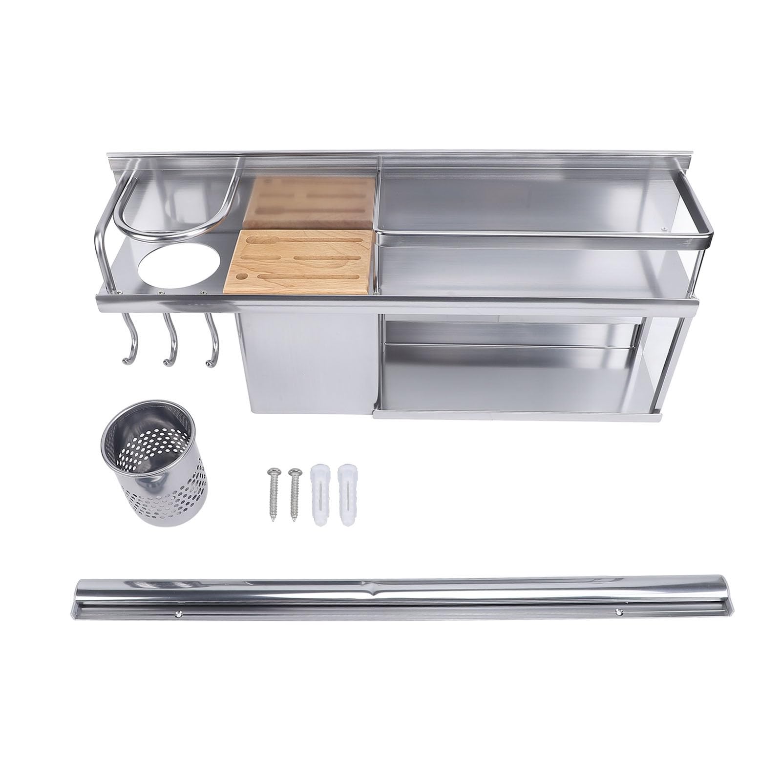 Organisateur de Cuisine Mural, Support pour Baguettes et Lames en Bois et Alliage d'aluminium avec Plusieurs Options de Rangement, Idéal pour Spatule, Cuillère, Couteau et Ustensile