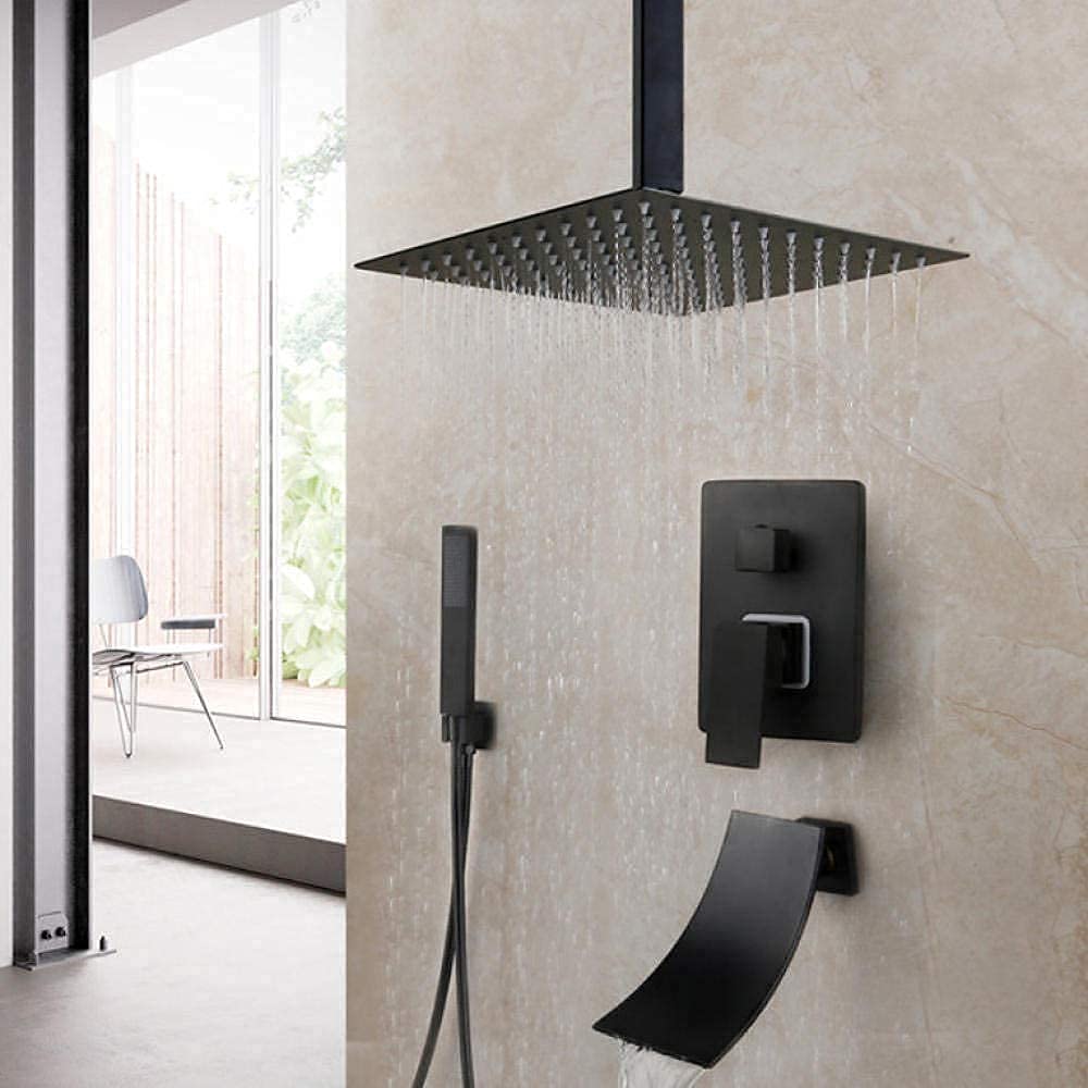Robinet de douche de salle de bains noir avec pomme de douche carrée de pluie 10 pouces encastrable