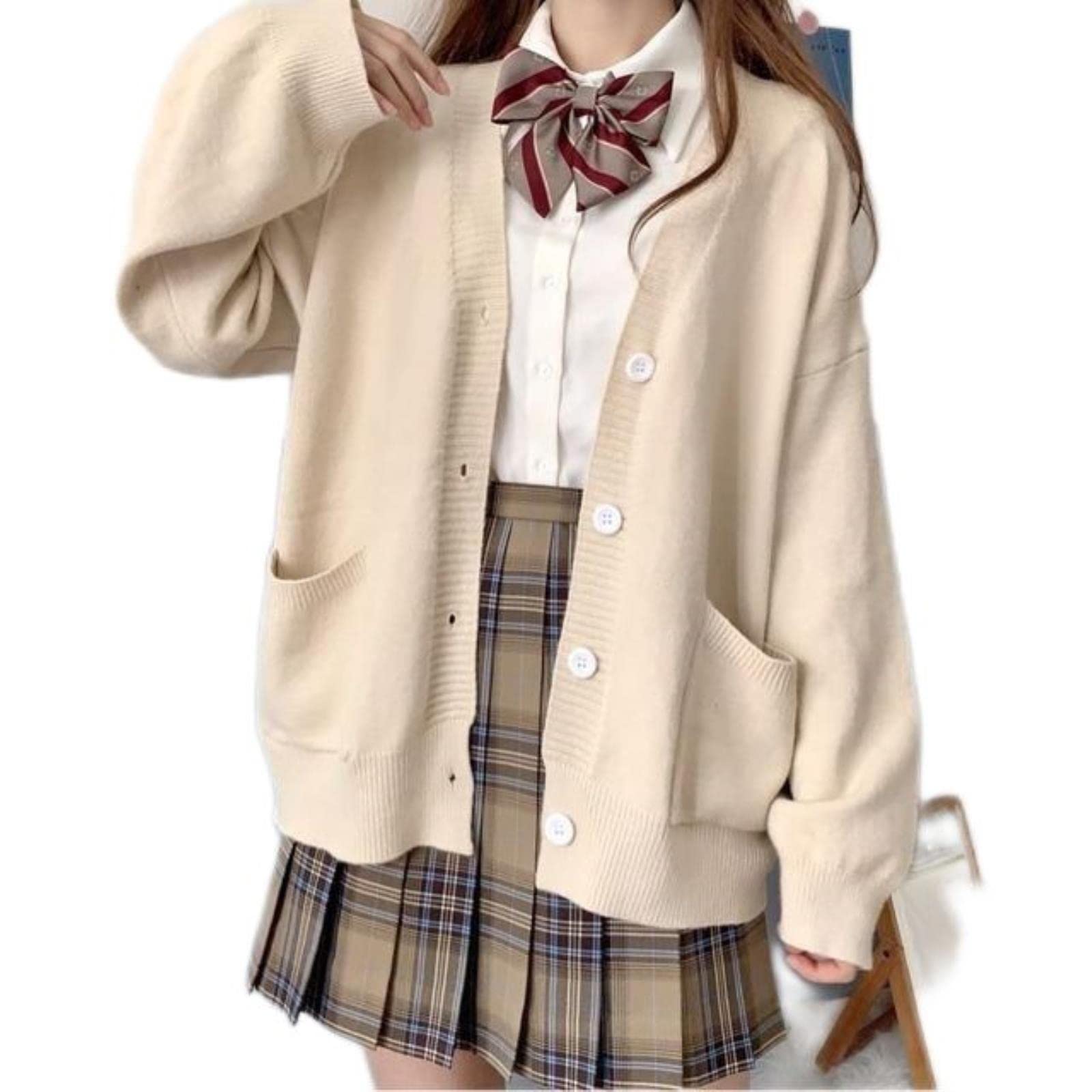 Meijiu Women's Apricot Japanese-Style School Basic Sweater Autumn Kawaii Solid Color V-Neck Loose Knitted Cardigan College Style Jk Uniform Role-Playing-,Xl