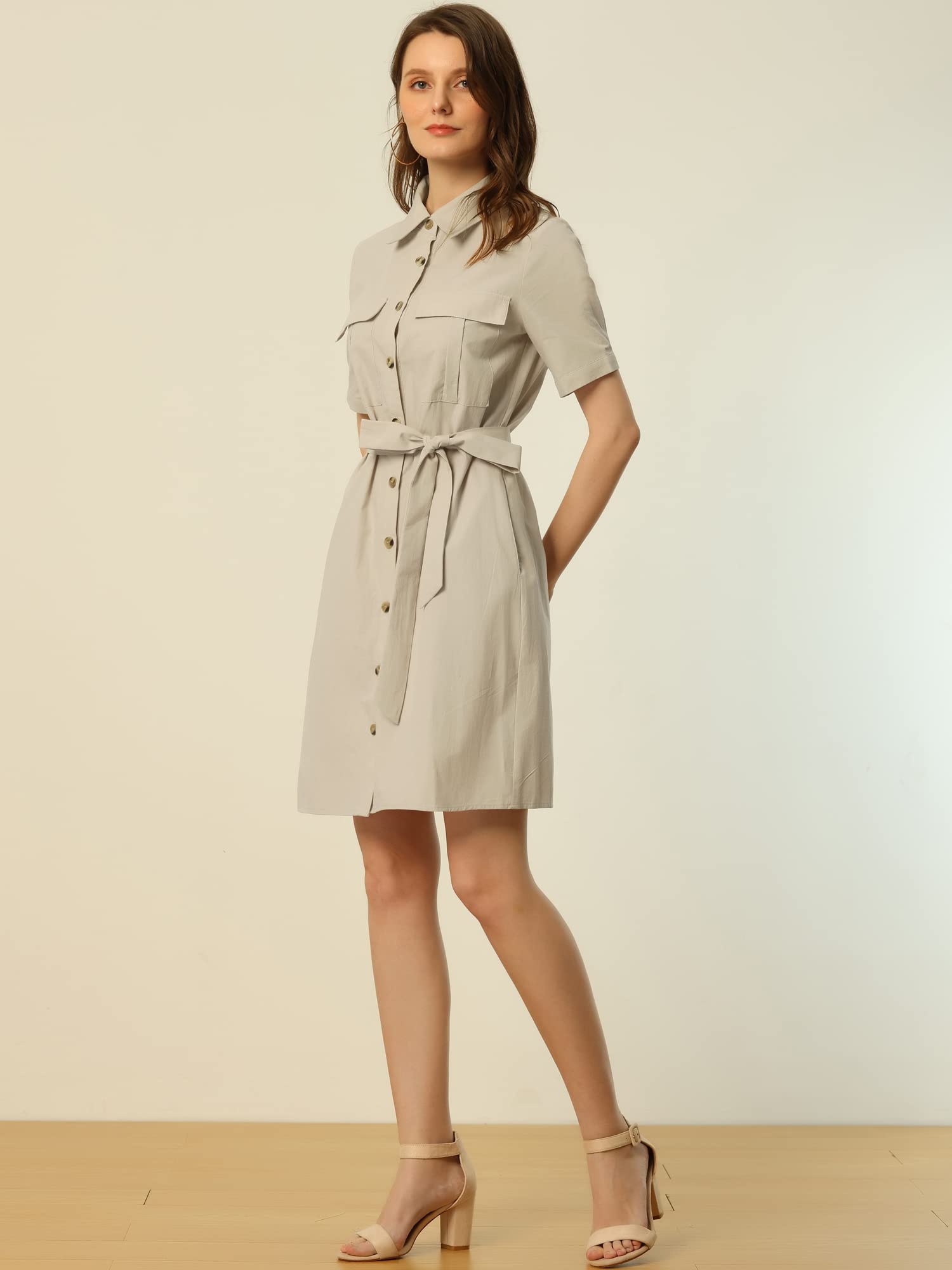 Allegra K Mujer Vestido Safari Algodon Camiseta Abotonada