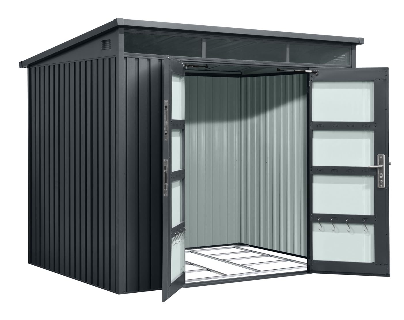 Gerätehaus Metall pulverbeschichtet anthrazit Pultdach 237x186x201/179 cm Tageslichtfenster Gasdruckdämpfer Schloss Lüftungsgitter 4m²
