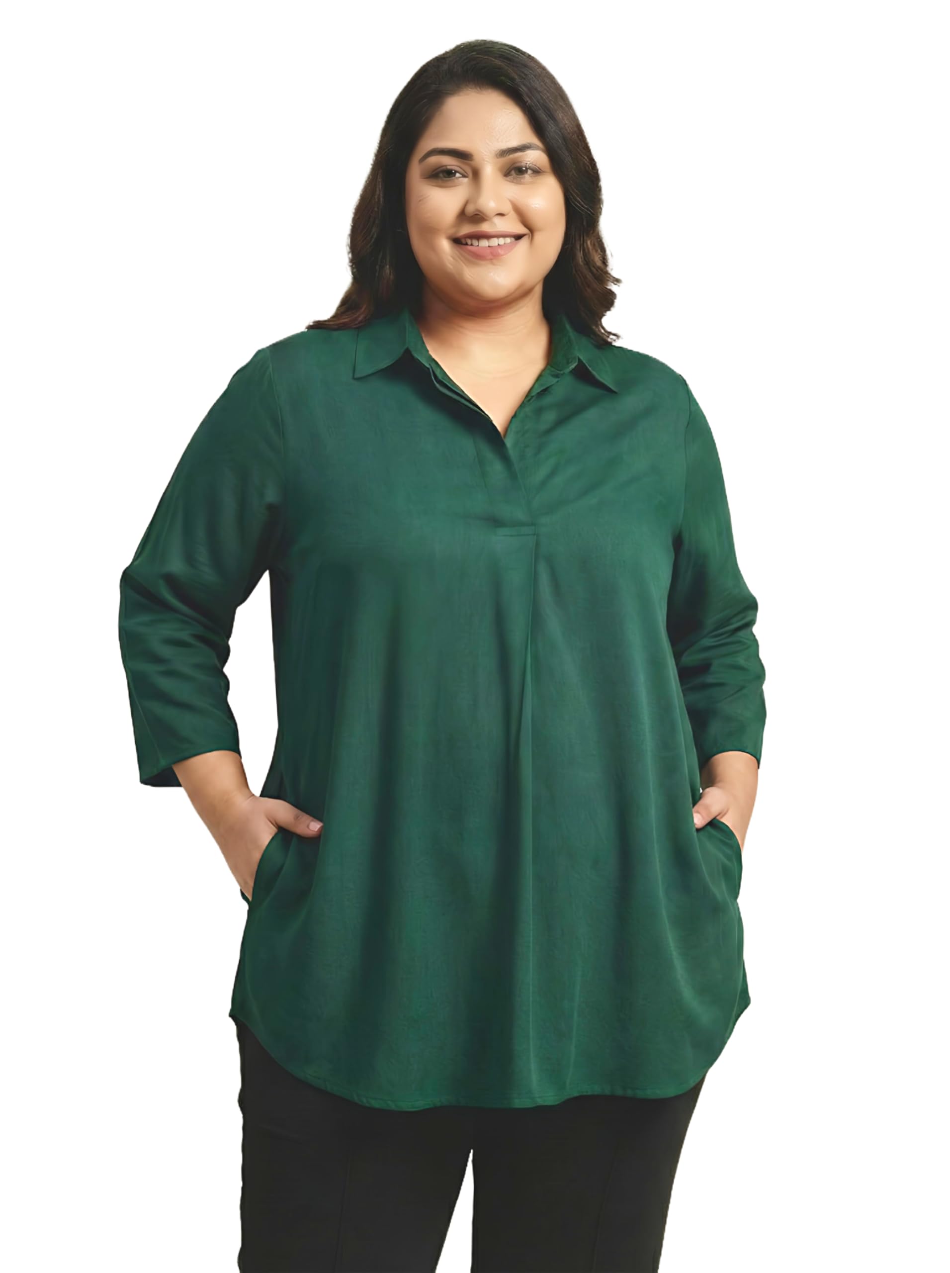 Women’s Plus Size Solid Rayon Tunic Side Pockets Regular Fit 3/4 Sleeves Collared Shirt Style Casual Office Wear Top-picture-36