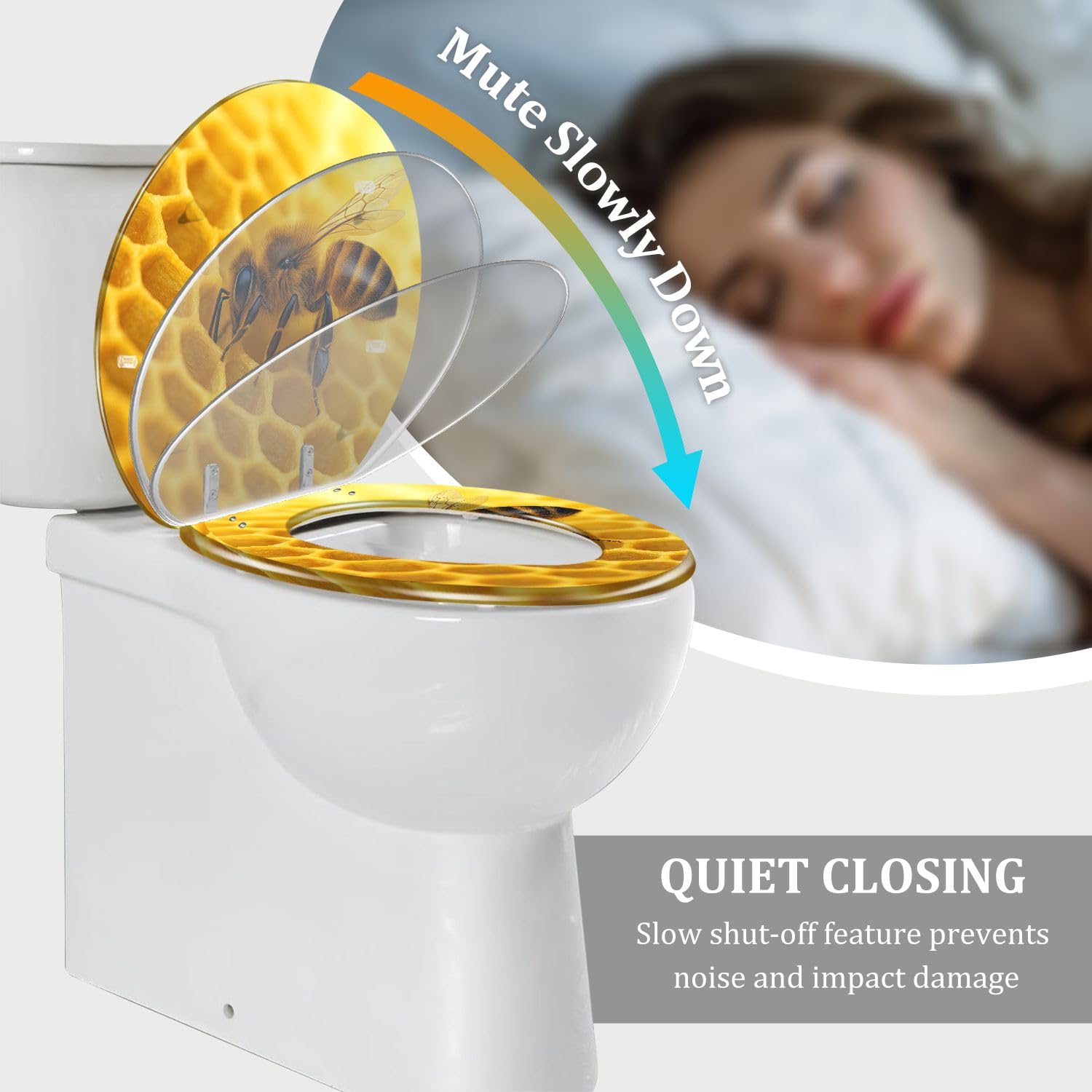 Sedile WC rotondo in resina a forma di ape, chiusura silenziosa, cerniere a sgancio rapido con paracolpi di copertura, decorativo e facile da pulire.