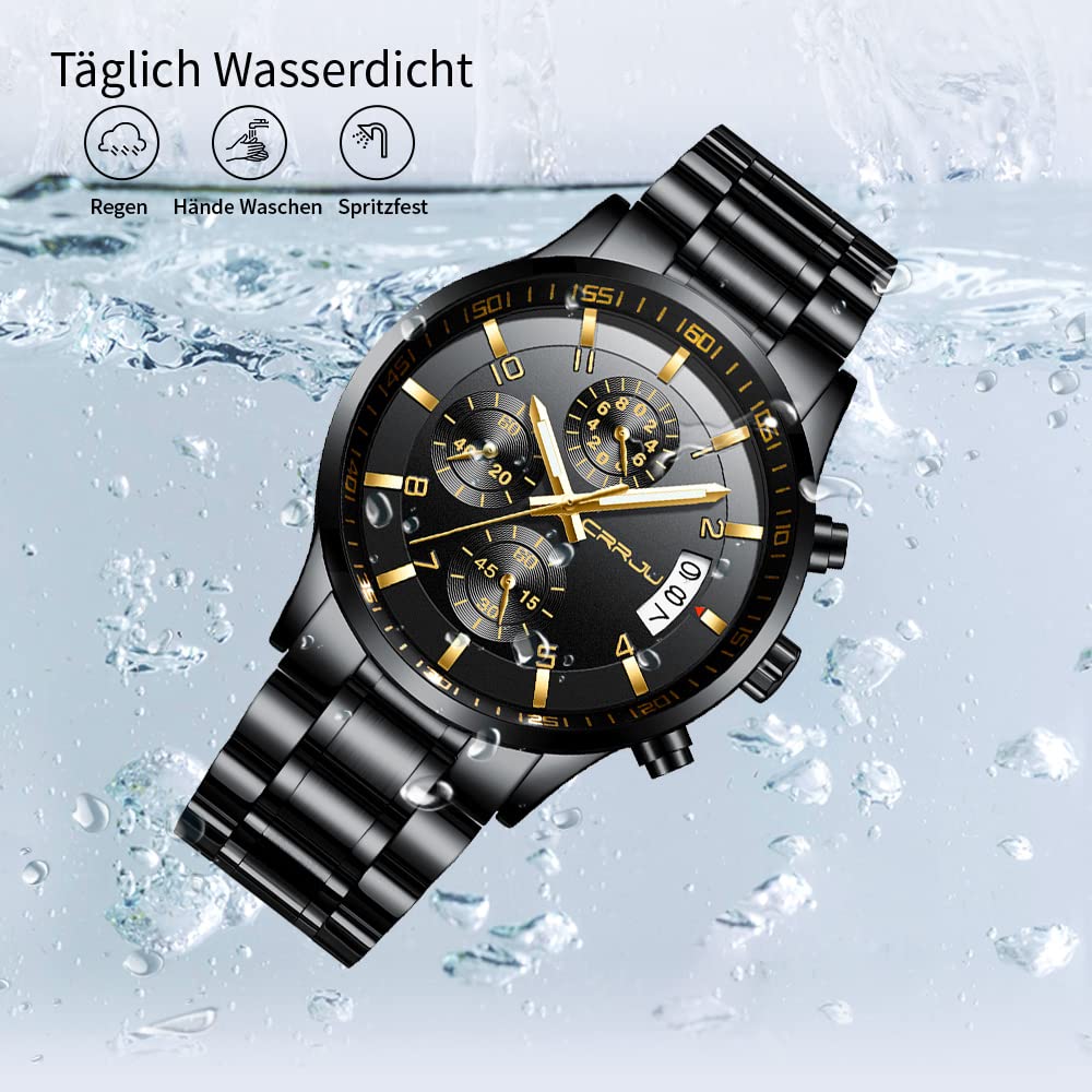 CRRJU Reloj de pulsera para hombre, resistente al agua, cronógrafo, correa de acero inoxidable, reloj de cuarzo analógico con calendario