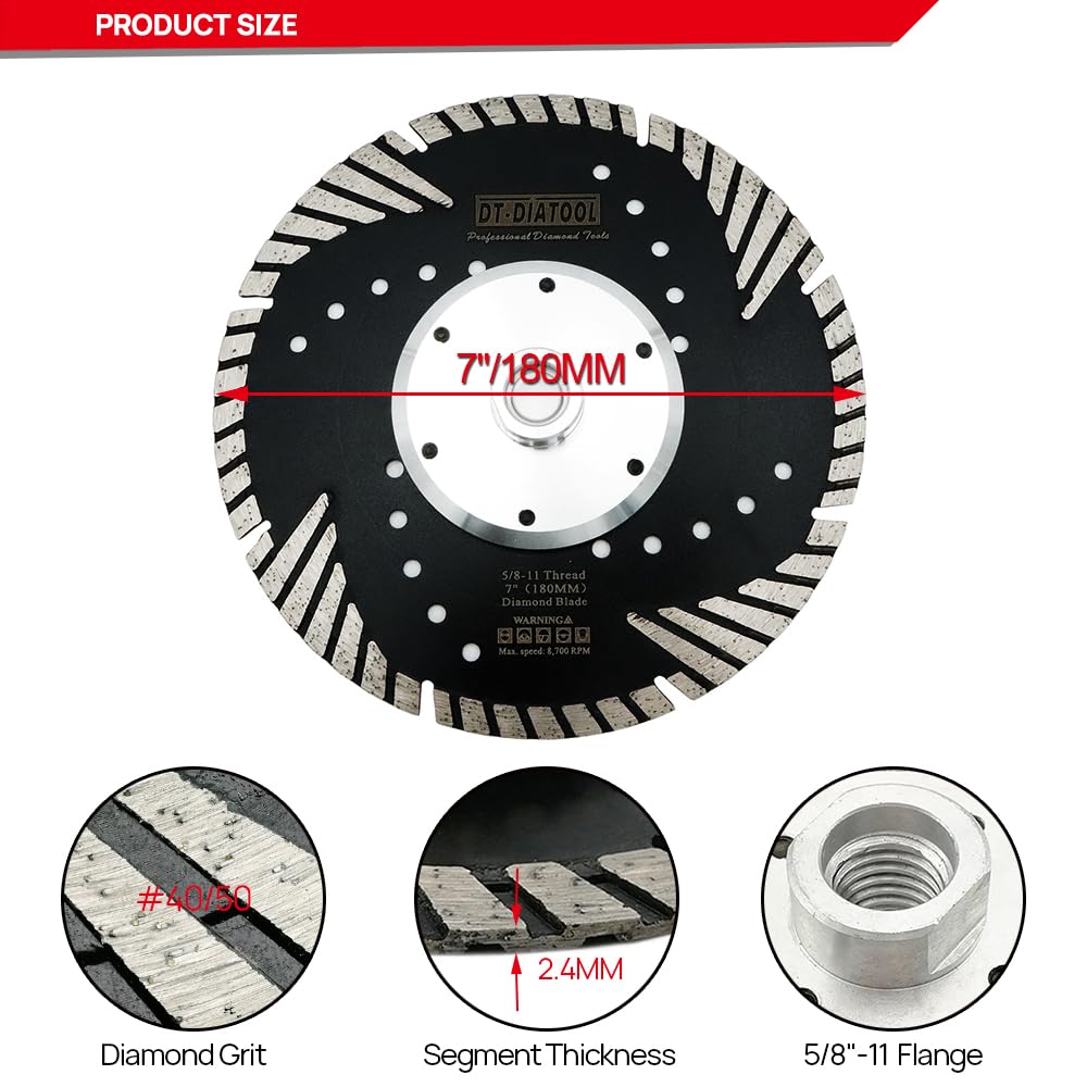 DT-DIATOOL 5 Inch Diamond Turbo Blade – Slant Protection Teeth For Cutting Granite, Marble, Concrete & Brick – 5/8-11 Thread For Angle Grinder
