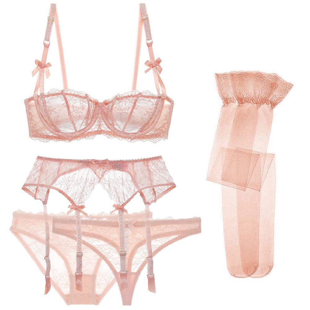varsmissUnlined Half Cup See-Through Balconette Bra Panty Thong Garter Stocking 5pcs for Women