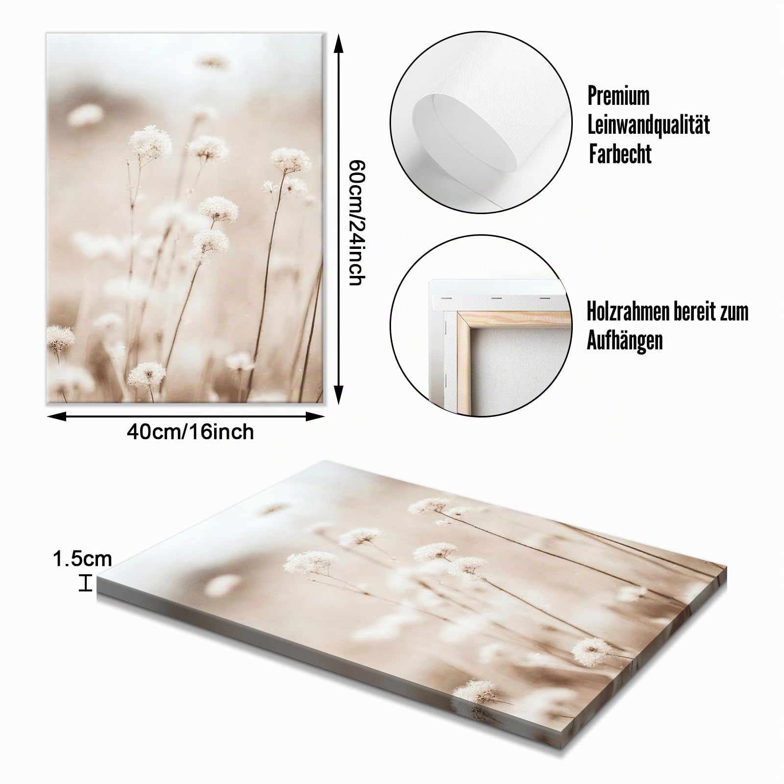 WENGTIAO 3 Stück Boho Beige Landschaft Leinwand Bilder Kunstdrucke Gerahmt, Minimalistische Blumen Strand Küsten Gemälde auf Leinwand, Wandbilder für Modern Wanddeko Wohnzimmer Schlafzimmer 40x60cmx3