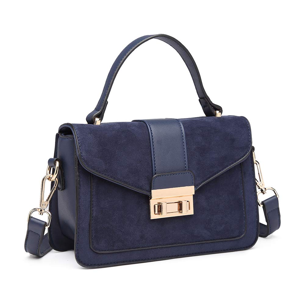 Miss Lulu Women's Small Handbag, Square Metal Buckle Flap Cross body Bag, Elegant Suede and PU Leather Shoulder Bag