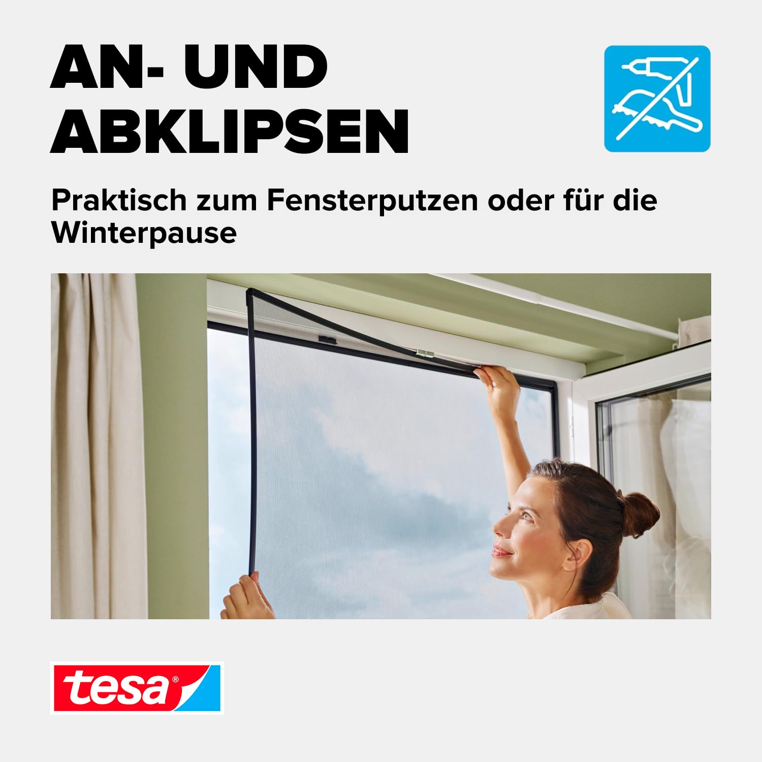 tesa Insect Stop Anklips-Rahmen Fliegengitter für Fenster - für PVC-Fenster - zuschneidbarer Rahmen, Netz aus Fiberglas, Selbstklebende Halte-Klips - 1,0 x 1,2 m - Anthrazit (Durchsichtig)