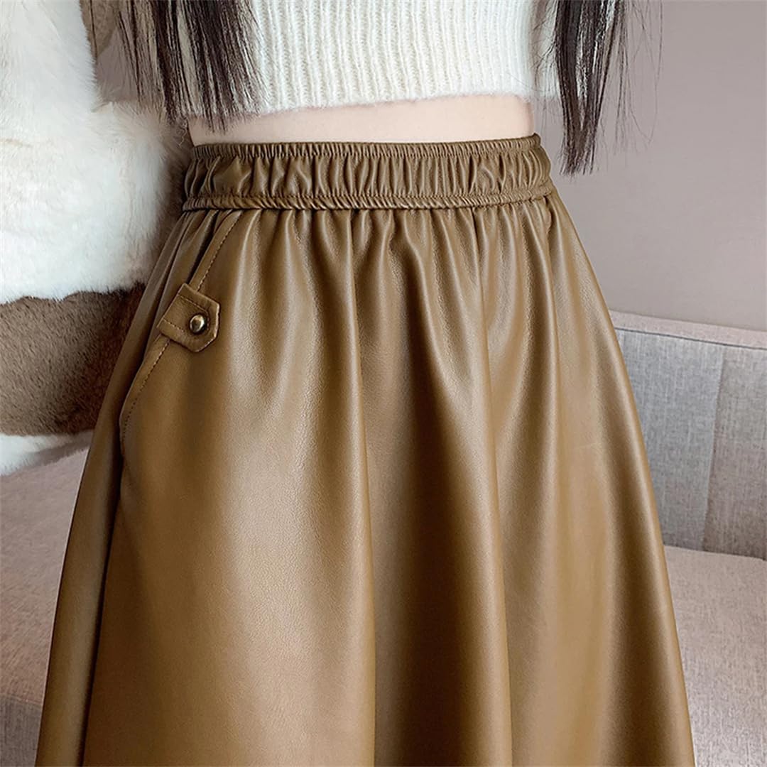 Wjnvfioo Faldas largas de cuero sintético de una línea de moda para mujer, otoño, invierno, cintura alta, elástica, acampanada, plisada, casual, faldas