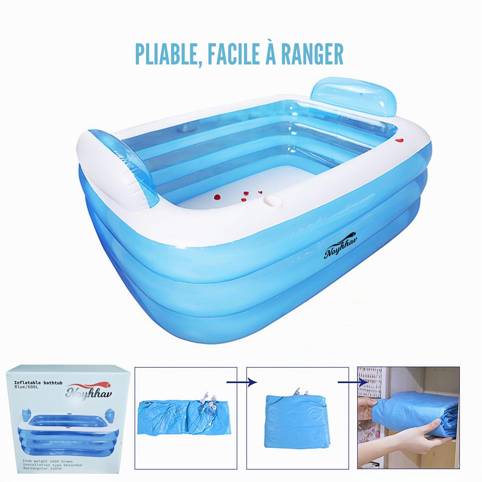 Baignoire gonflable adulte Spa balnéothérapie Hickened Baril De Bain De Plage Baignoire Double Pliable PVC (170 * 130 * 60CM, Bleu)