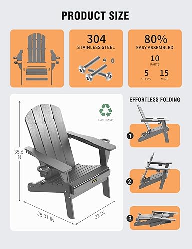 Miniatura 3 de Juego de 2 sillas Adirondack plegables de plástico texturizado de madera con 2 portavasos, sillas Adirondack de polietileno de alta densidad