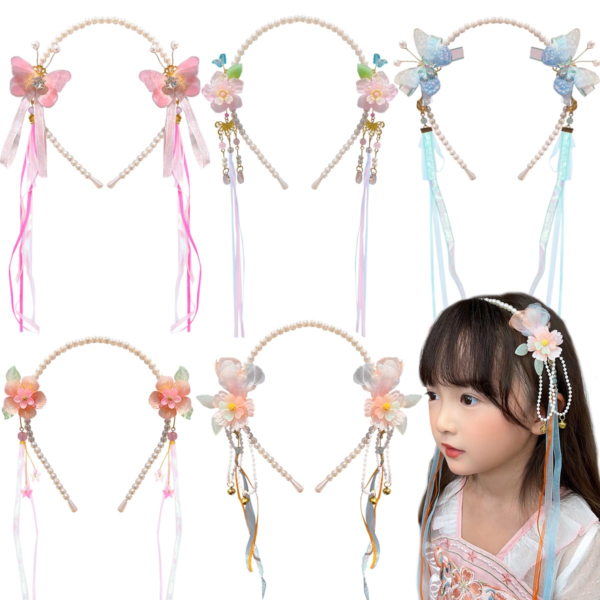 Petunny 5Pcs Chinese Hanfu Hair Crown Chinese Flower Hair Clips Long Tassel Headband for Girls Chinese hair Accessories