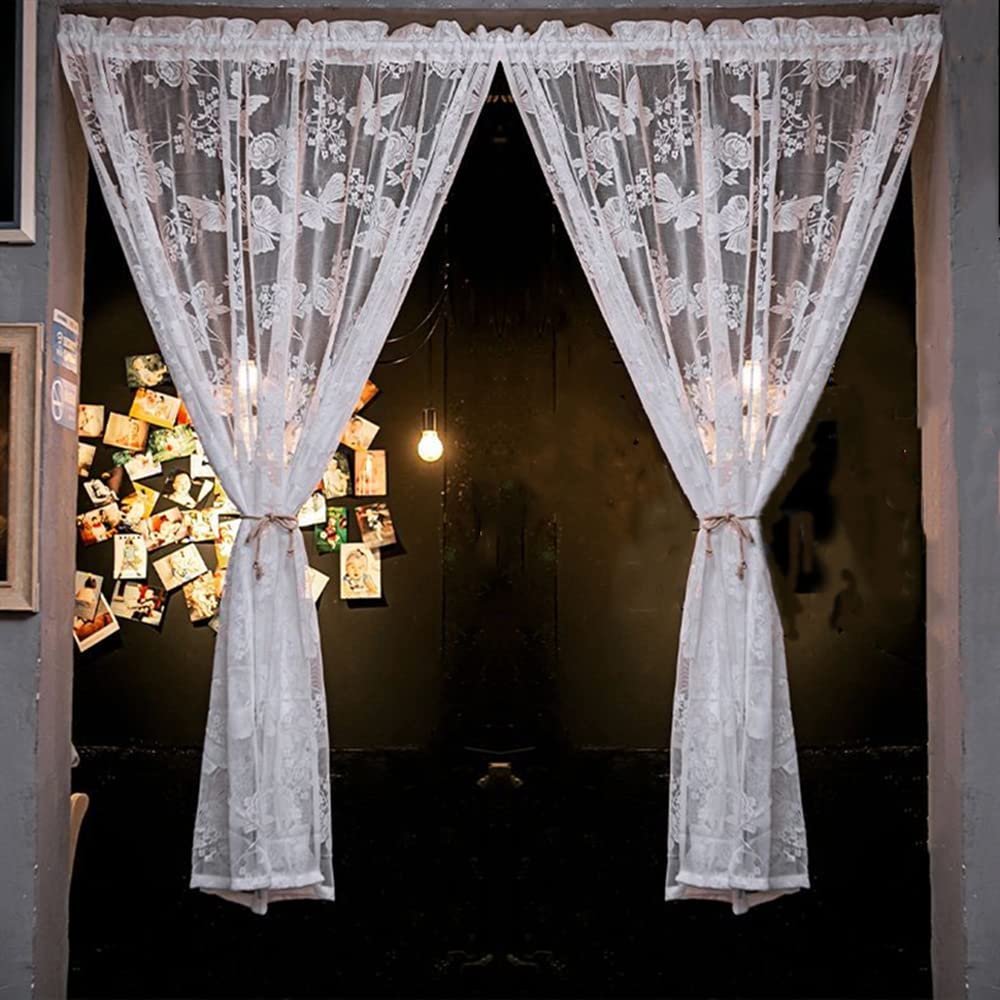 White Lace Curtain Sheer 47 inches Length for Bay Windows Rose Floral and Butterfly Rod Pocket Voile Curtain Drapes Light Filtering Short Curtain 2