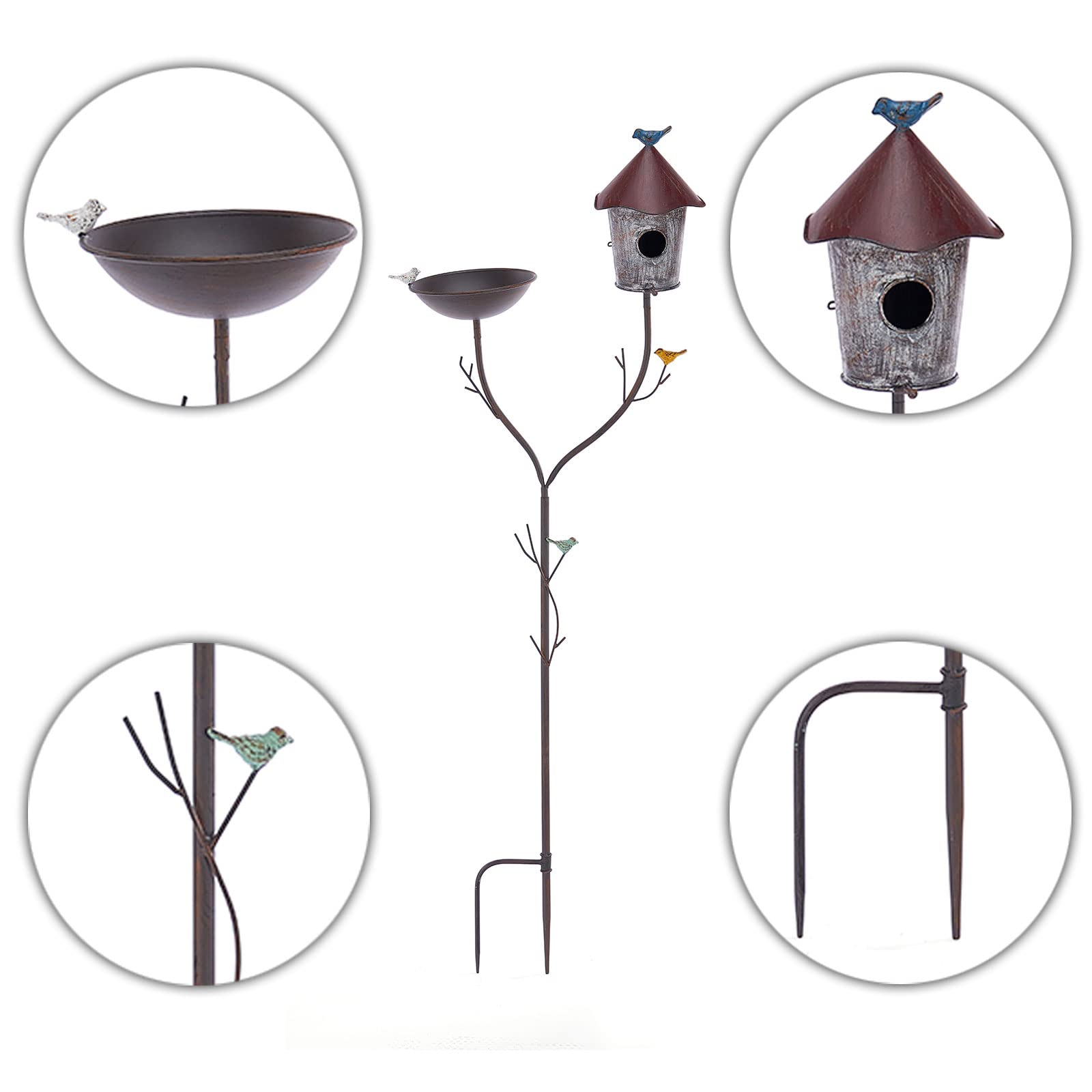 Vogeltränke und Vogelhäuser mit Stange, Distressed Metall Vogeltränke Schale und Vogelhaus Pfahl für Outdoor Garten Hof Dekoration (Vogelbäder/Vogelhäuser-A)