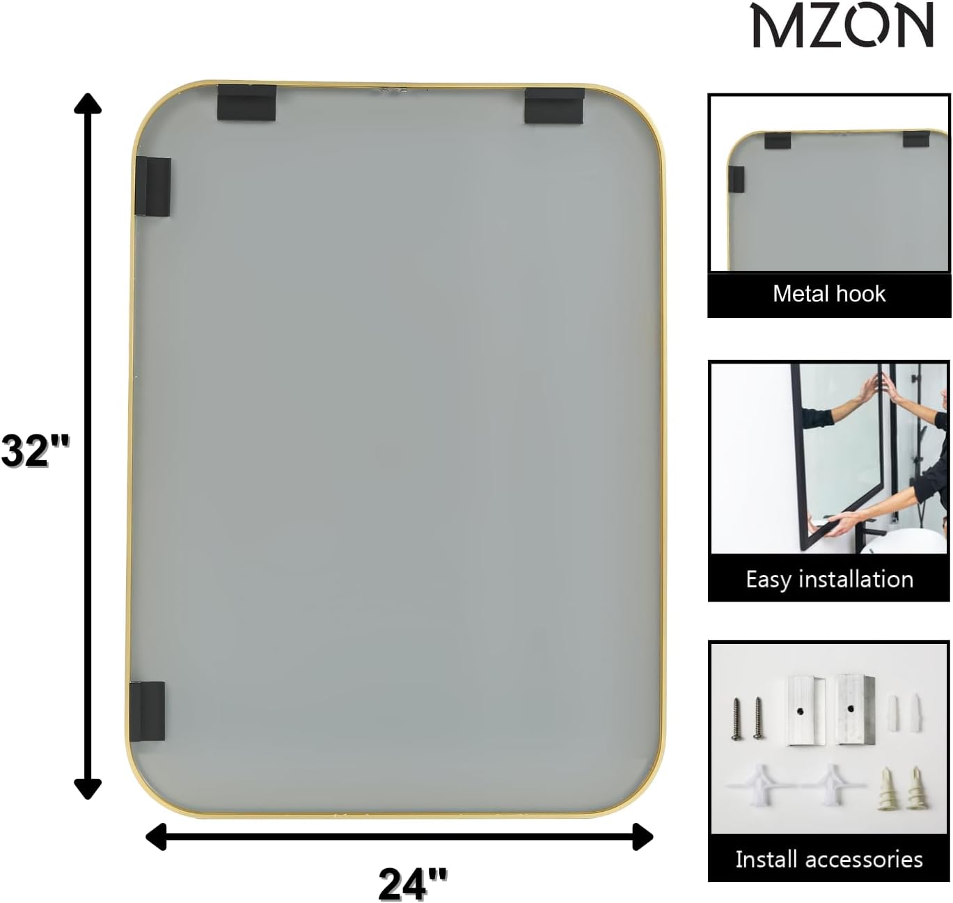 MZON 24x32 Inch Gold Bathroom Mirror – Brushed Gold Rectangular Vanity Mirror, Wall-Mounted, Anti-Rust Metal Frame, Tempered Glass, Vertical & Horizontal Hanging