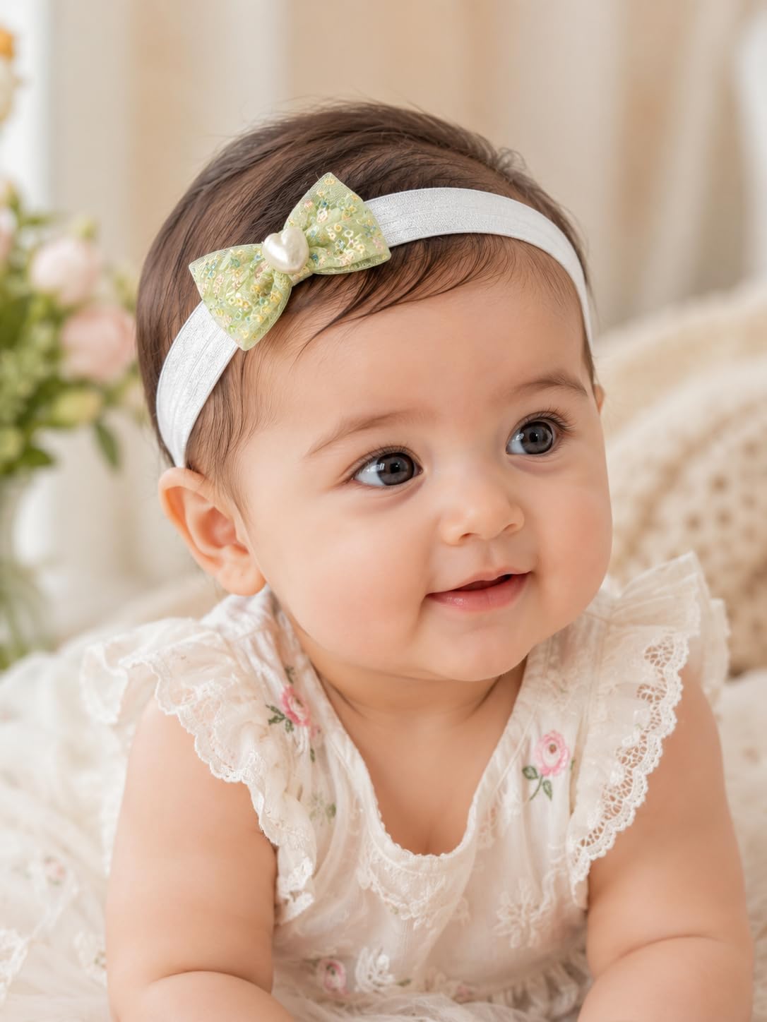 SAARVYA Baby Girl Sequin Bow Headband with Pearl, White Elastic | Green Sequin Bow, Pearl Accent, Soft Elastic Band, Infant Hair Accessory, Floral Glitter Design-image-5