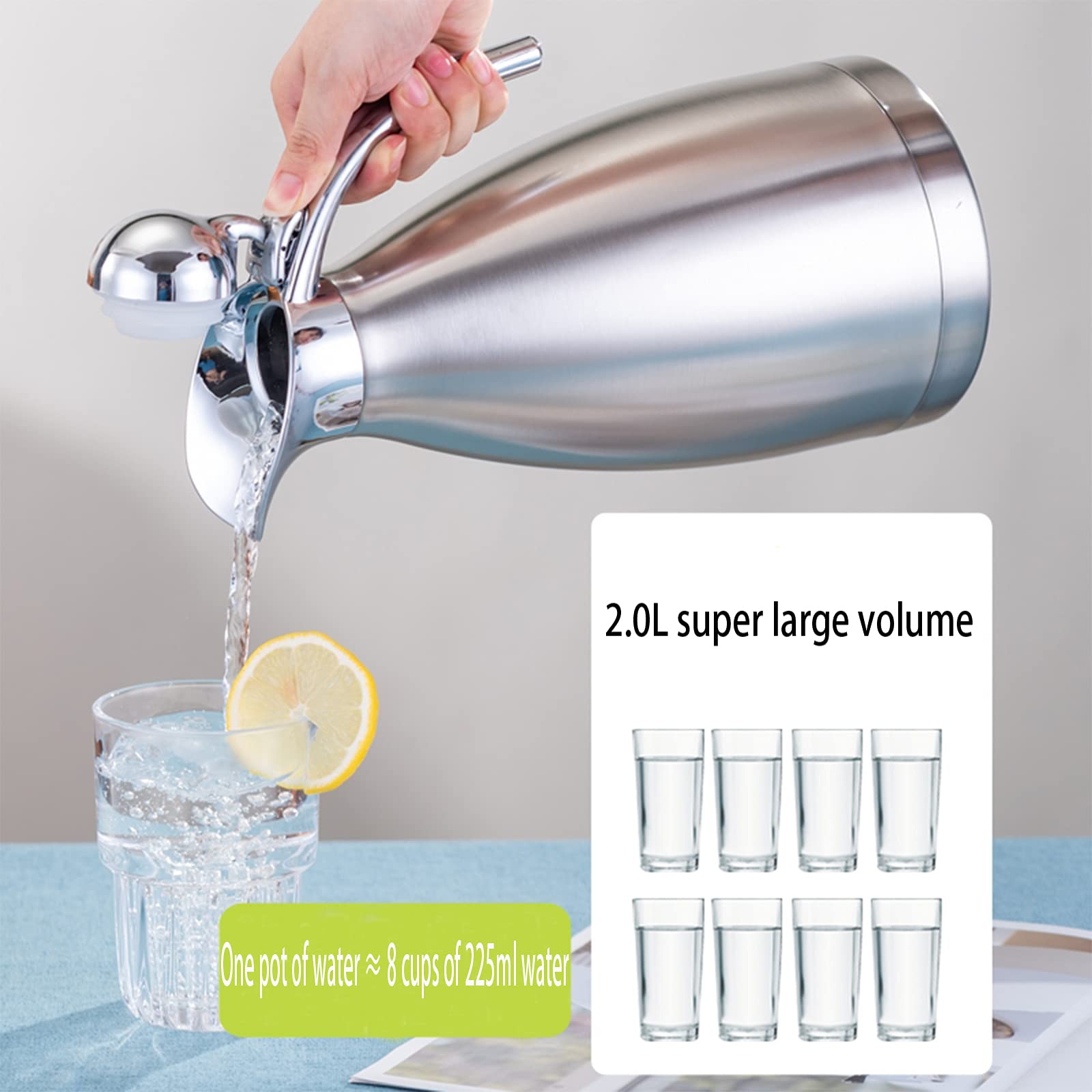 Caraffa Termica,thermos 2 litri,in Acciaio Inox 304 brocca/Thermos a Doppia Parete, isolata sotto Vuoto,per tè o caffè, chiusura a pressione, mantiene le bevande fredde e calde per 24 ore.