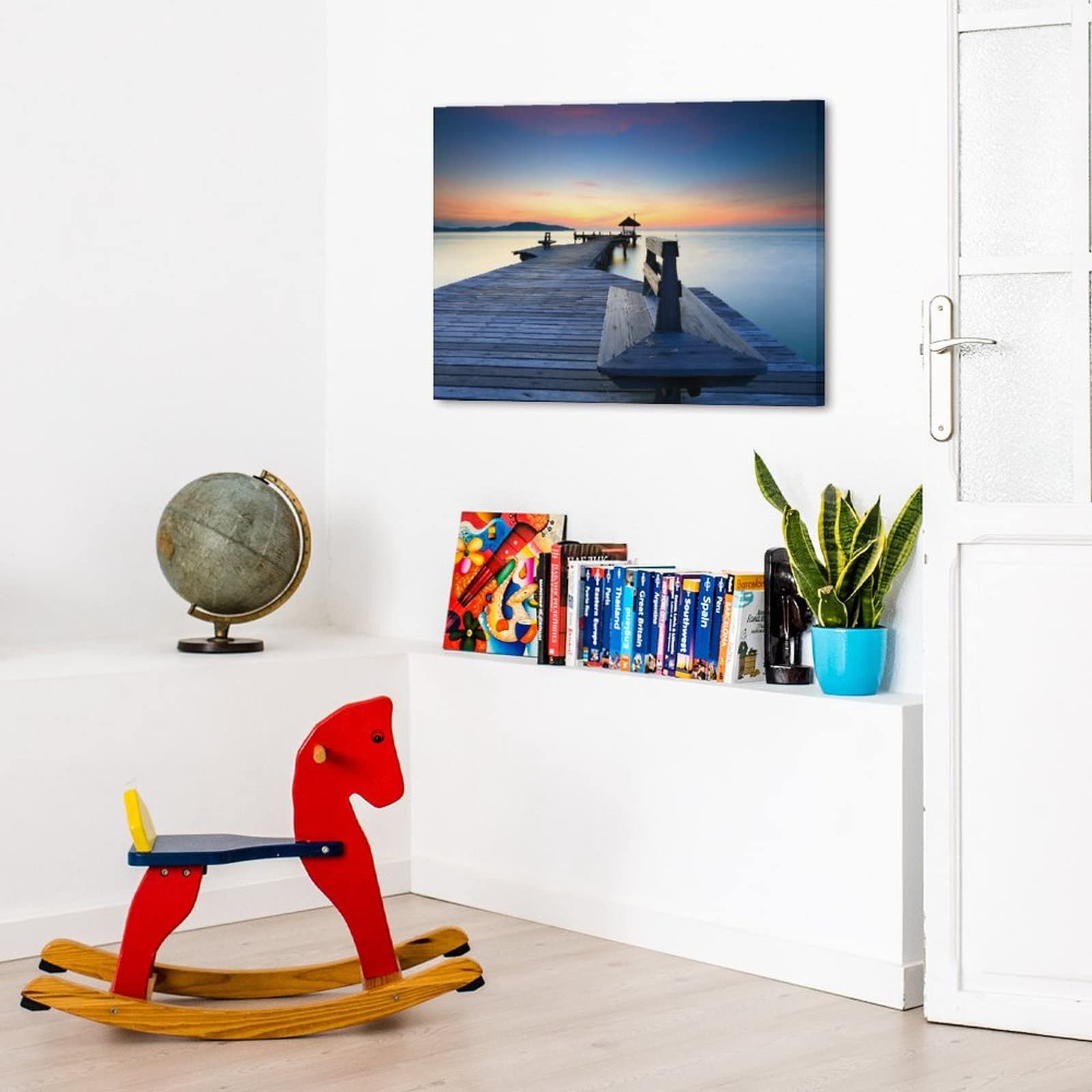 Amazon.co.jp: 絵画 夕暮れ時の水辺の木の橋インテリア 絵画