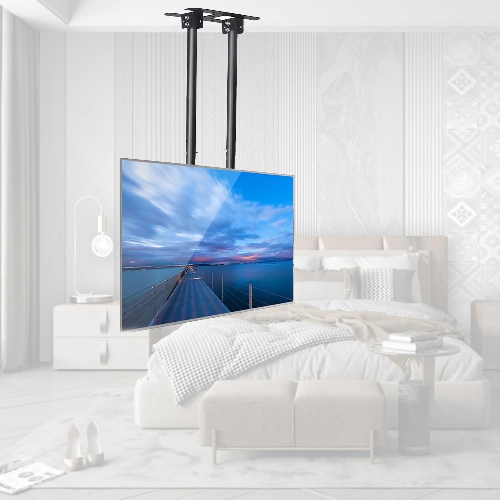 OLSKFUH Ceiling Tv Mount Stand - Adjustable Ceiling Tv Mount Bracket Two Post Single Screen Monitor Stand Tilt Stand For 55-120 Inch Tv Ceiling Hanger Max 900X600Mm Multiple Sce,