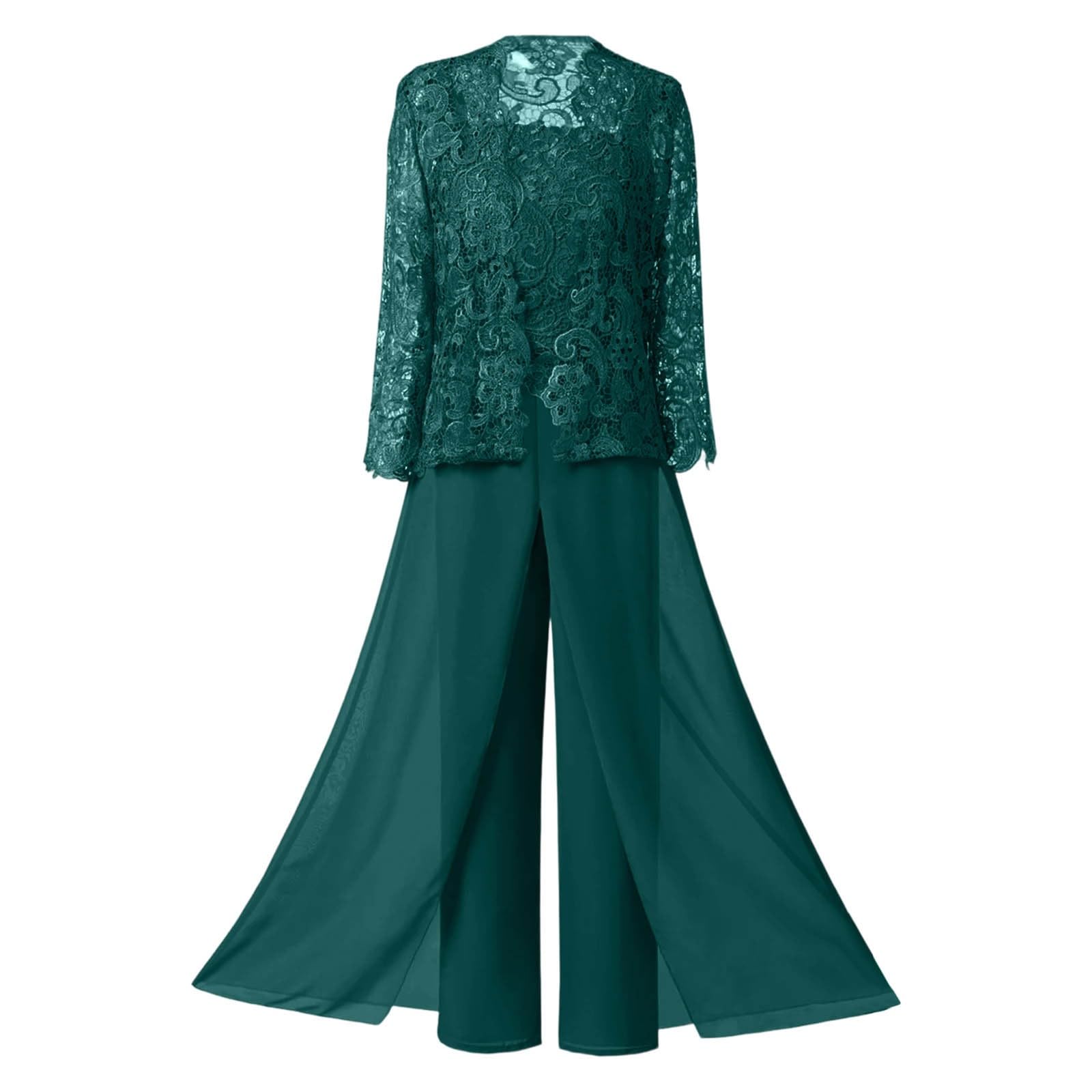 Generisch Tuta da donna, 3 pezzi, in chiffon, per la mamma della sposa, elegante, in pizzo, con cardigan a maniche lunghe, con gamba larga, set di pantaloni alla moda, per matrimoni, feste di nozze