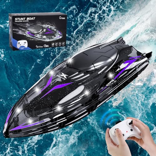 IEEILULU Barco Teledirigido, Barco RC con Luces LED y Alarma de Batería Baja, Barcos de Carreras de 2,4 GHz para Piscinas y Lagos, Barco de Control Remoto para Niños y Adultos (Black)