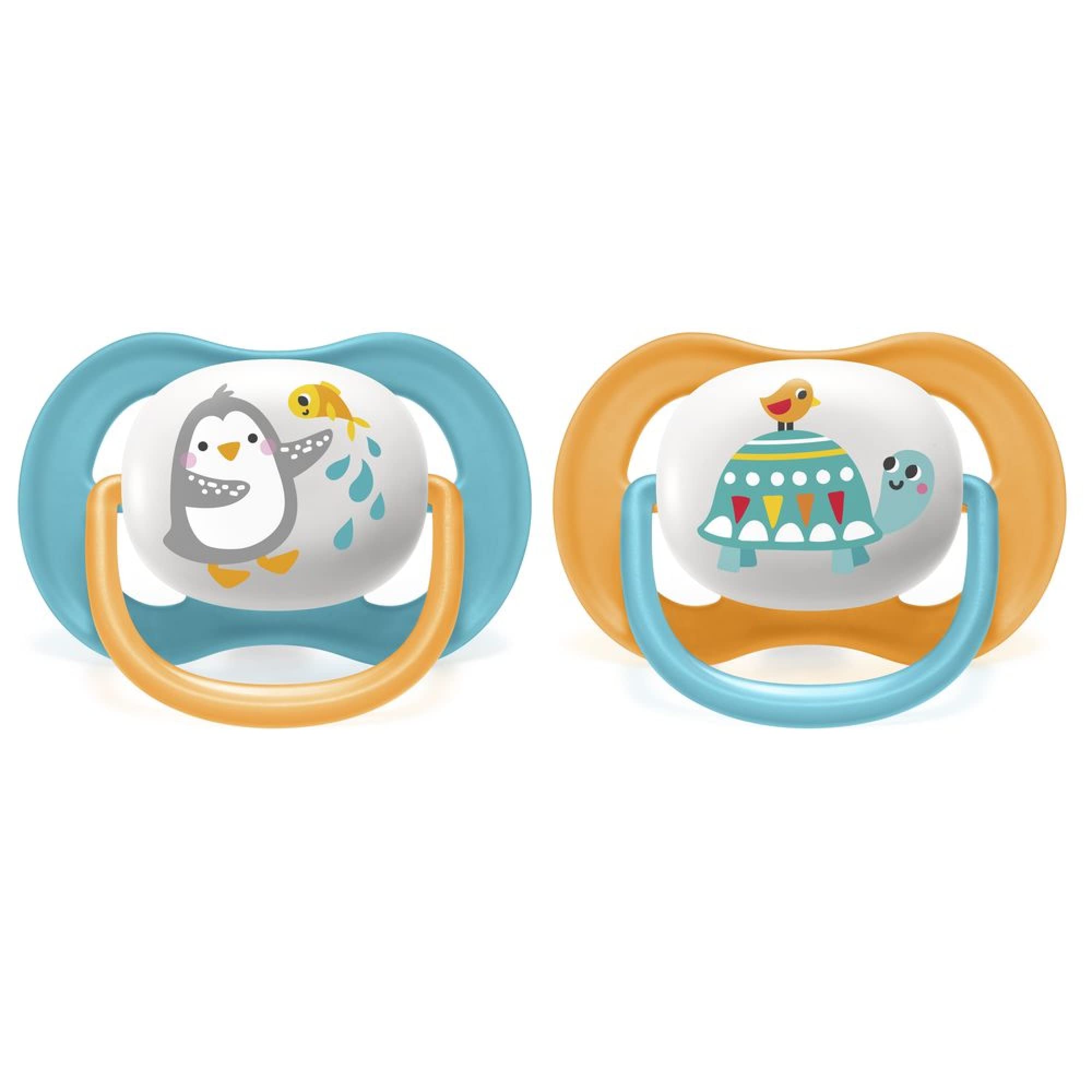 Avent Ultra Air Animals 2 Orthodontic Silicone Soothers 6-18 Months - Pinguin/Turtle Orange and Blue