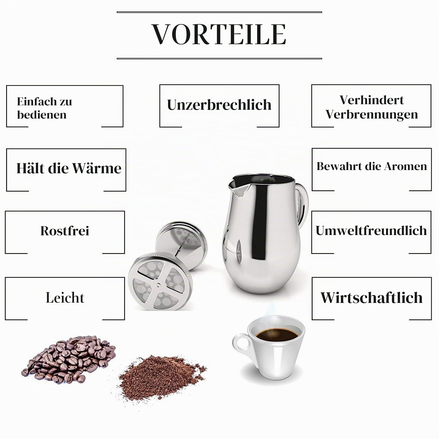 VeoHome French Press Kaffeebereiter Kaffeekanne unzerbrechlich und hält Ihren kaffee dank der Doppelhülle lange warm (1 Liter)