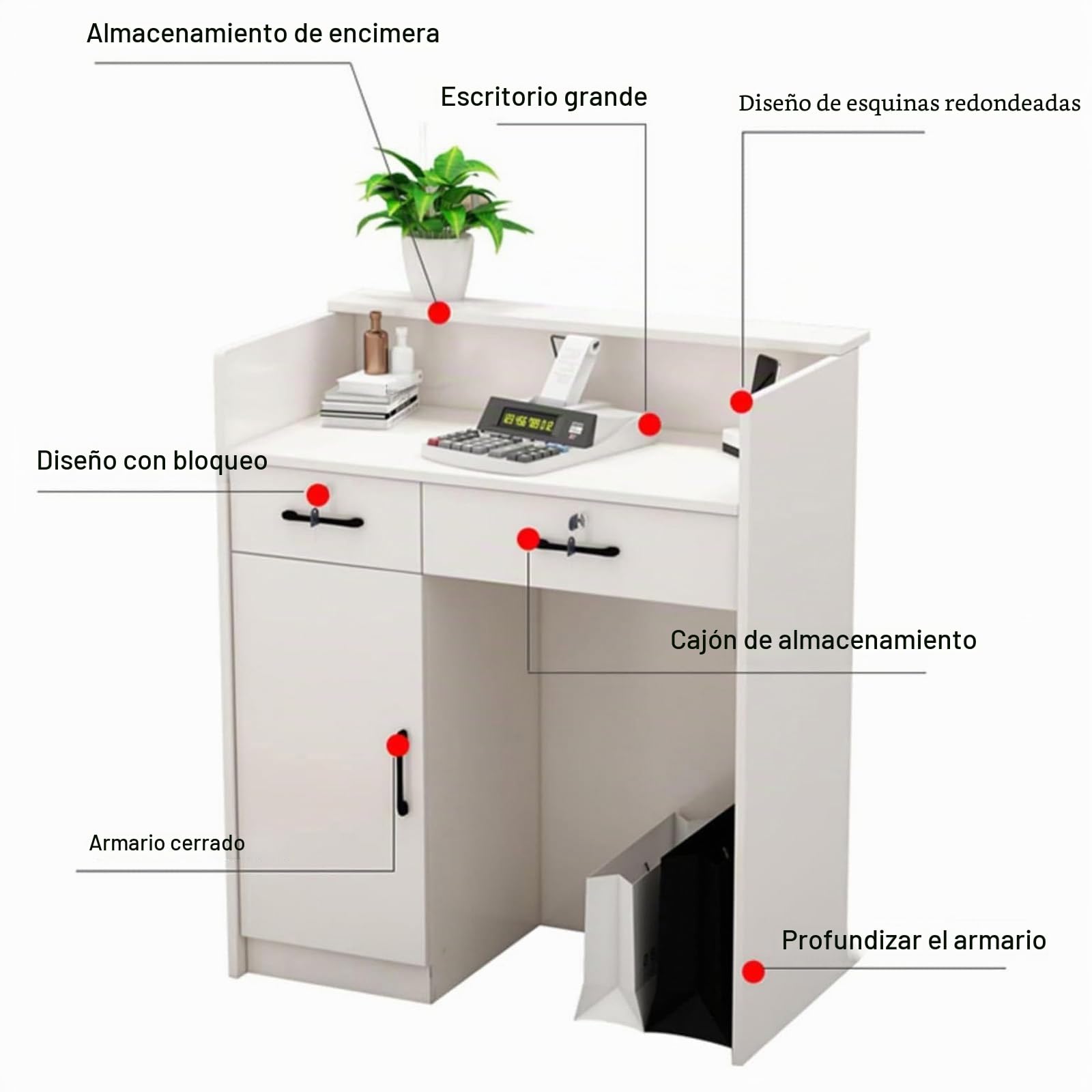 Mostrador De Recepción Frontal, Mostrador De Caja con Cajones y Estantes De Almacenamiento, Mostrador De Recepción Para Salones De Belleza, Tiendas De Ropa y Peluquerías (Blanco con gabinetes)