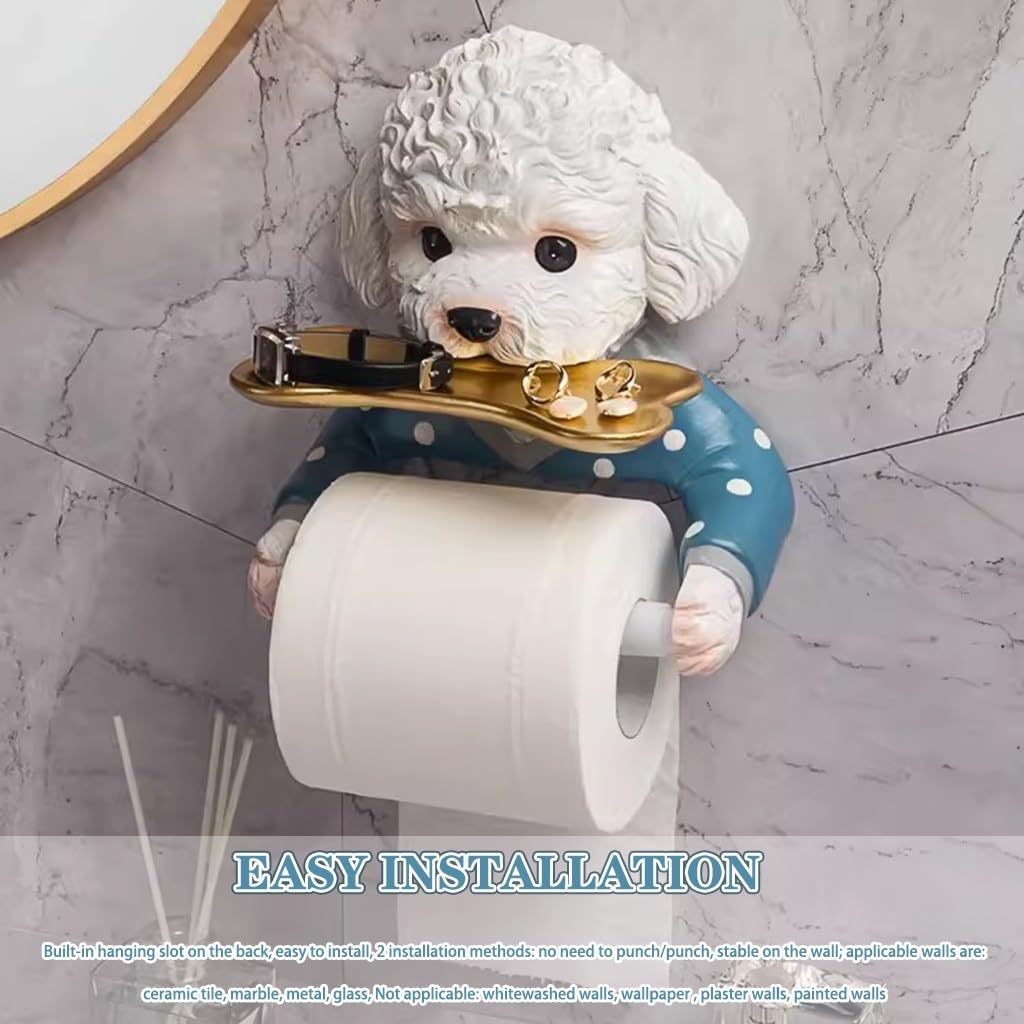 Tissue Roll Dispenser Creative Cute Teddy Dog Shape Toilet Paper Holder, Wall Mounted Towel Rack, Thoughtful Storage Tray, Gift, 20.7*17.9*10cm, White Blue