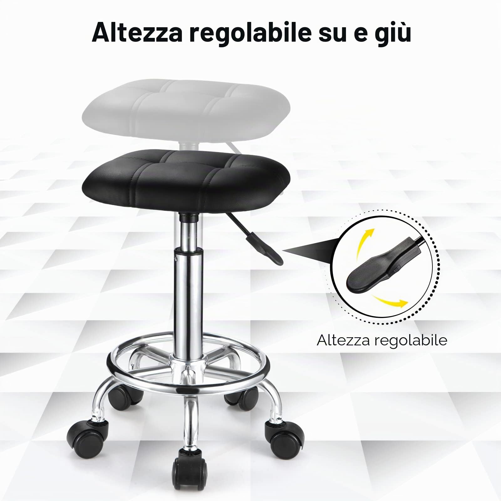 Sgabello quadrato con cuscino in PU con ruote regolabili in altezza sgabelli girevoli sedia nera