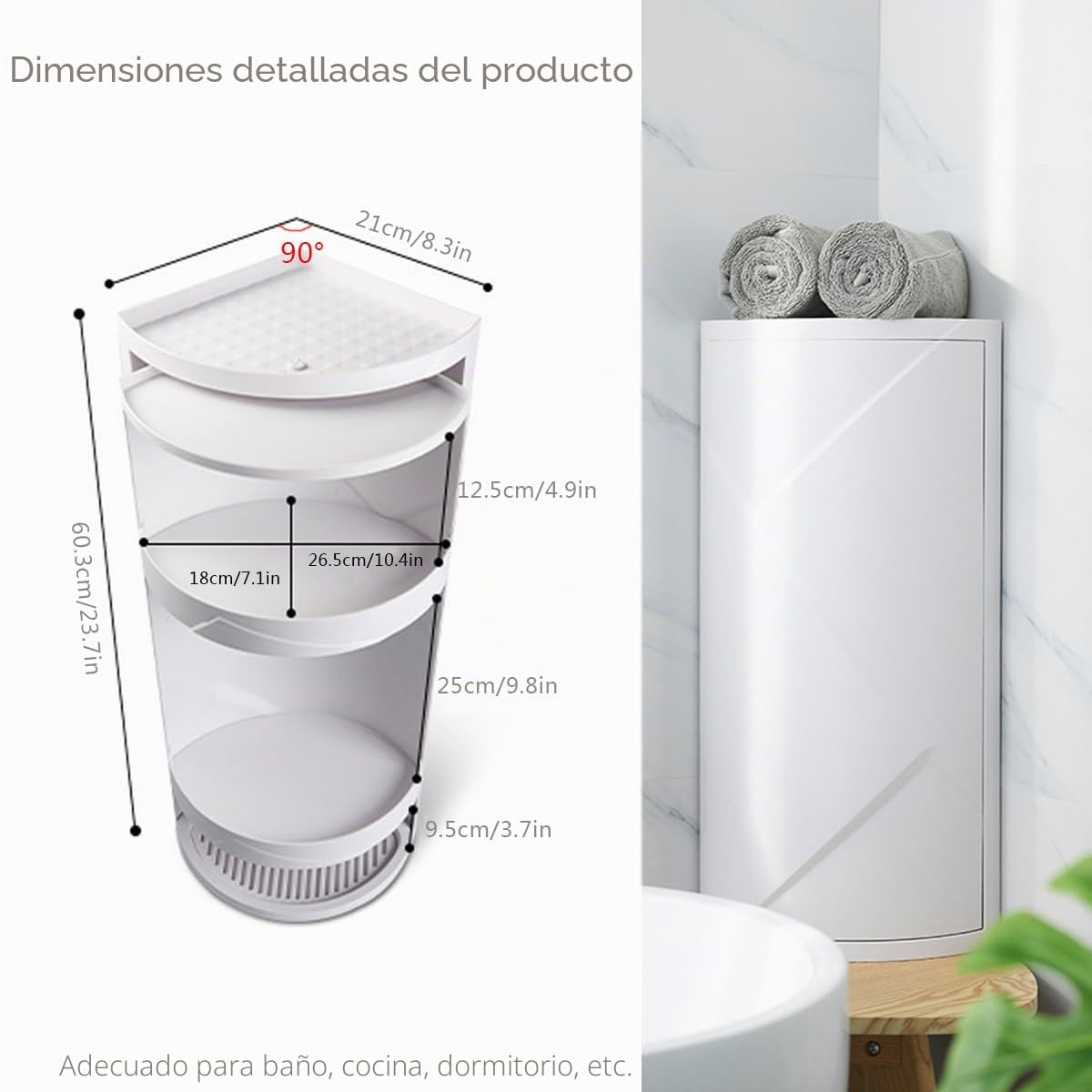 LANMOU Estante de Almacenamiento de Esquina de 3 Niveles Armario Giratorio de Baño, Montado en la Pared, sin Taladrar, Organizador Oculto Que Ahorra Espacio, Blanco