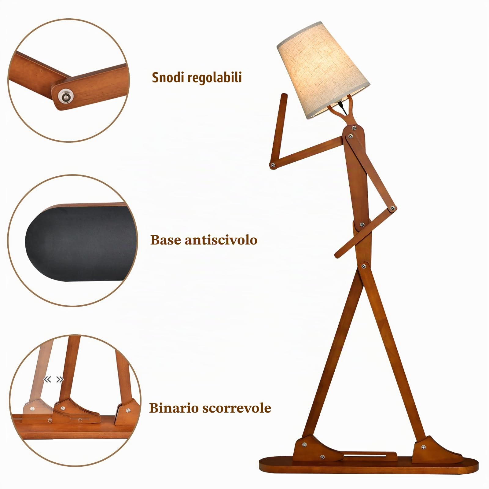 HOMASIS Lampada da Terra Umanoide, Illuminazione Creativa e Decorativa in Legno, Postura intercambiabile, Lampada da Pavimento Salotto con Interruttori a Pedale, Alto 160 cm, Marrone