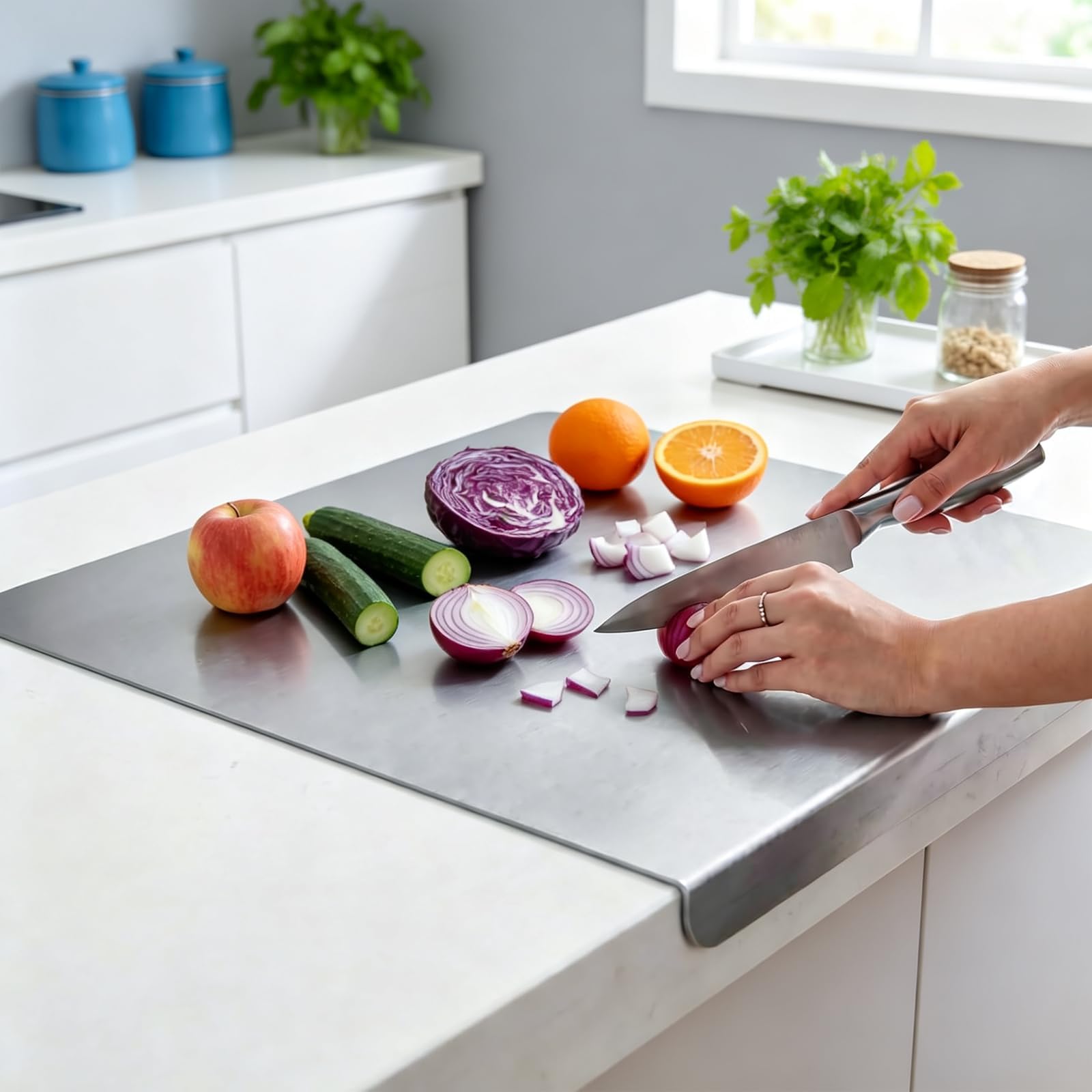 Tabla de cortar de acero inoxidable de grado alimenticio premium con borde de fijación